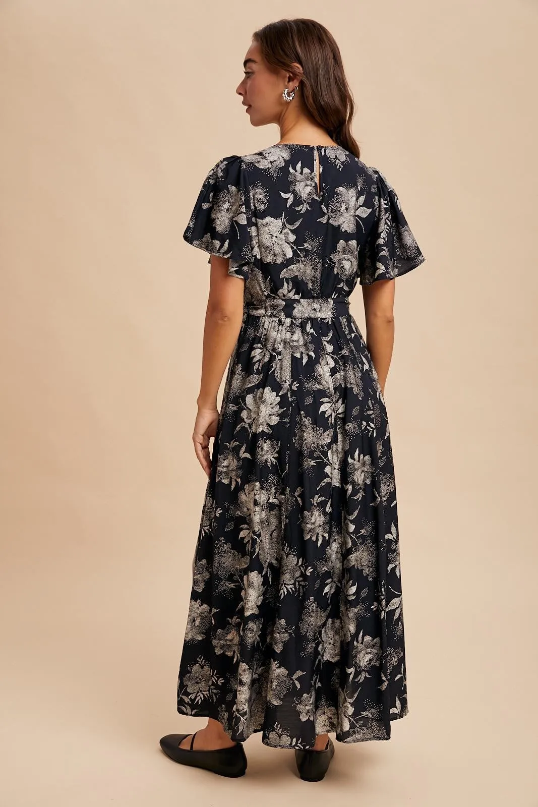 Black Multi Floral Flutter Sleeve Maxi Dress sold by Pinkblush product image thumbnail 4
