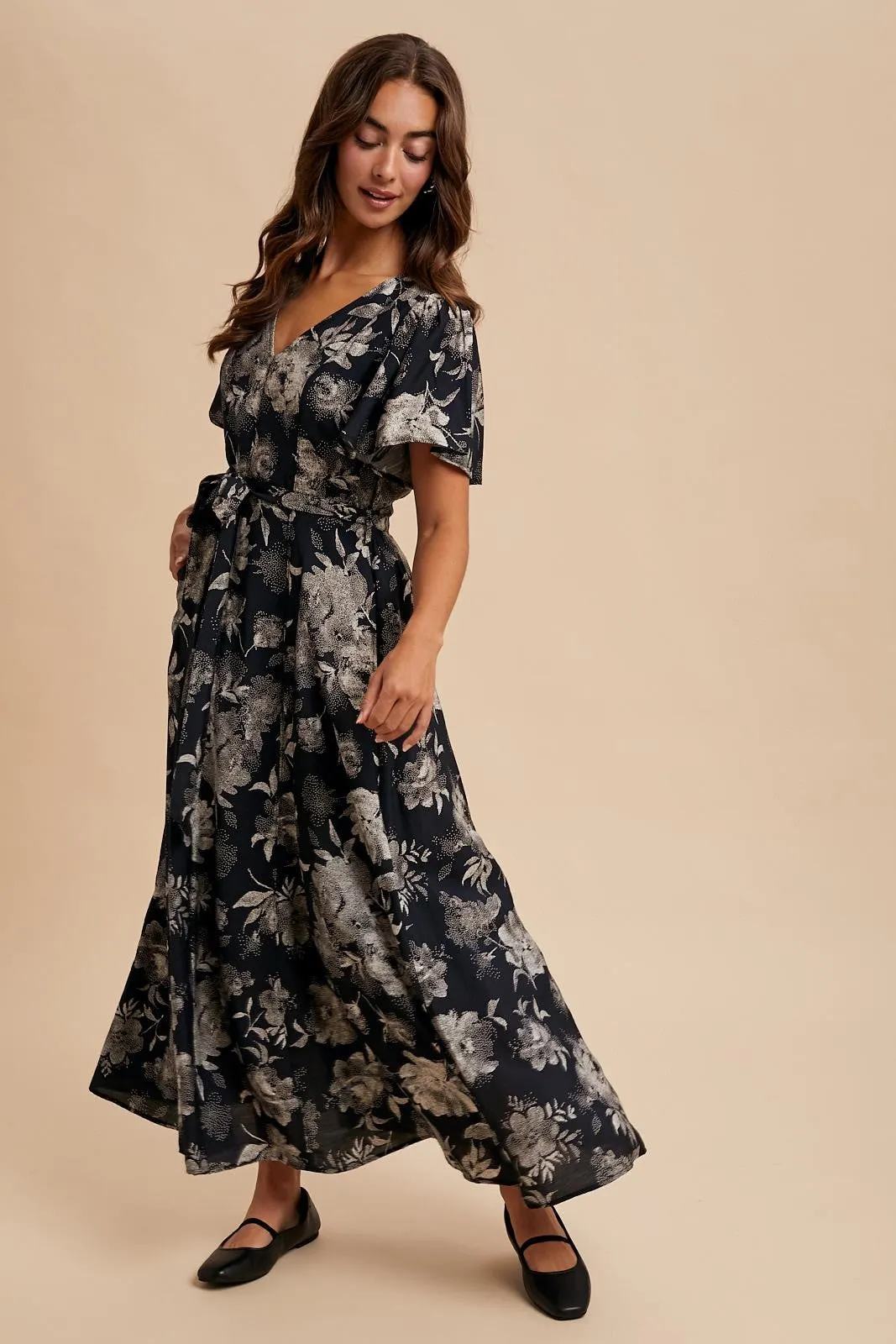 Black Multi Floral Flutter Sleeve Maxi Dress sold by Pinkblush