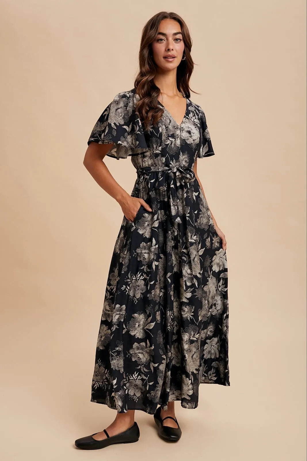 Black Multi Floral Flutter Sleeve Maxi Dress sold by Pinkblush product image thumbnail 2