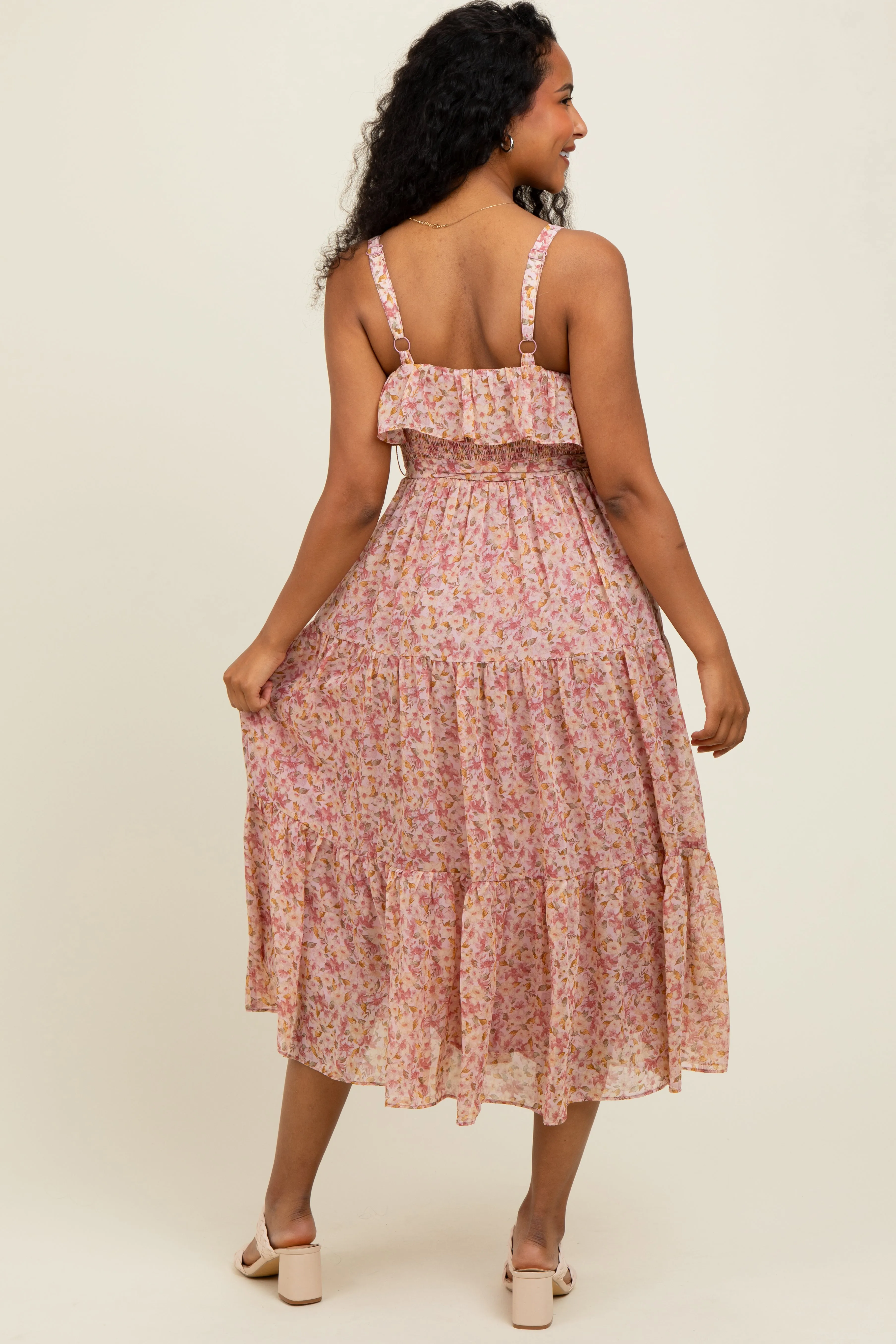 Pink Floral Ruffle Smocked Back Tiered Midi Dress sold by Pinkblush product image thumbnail 3
