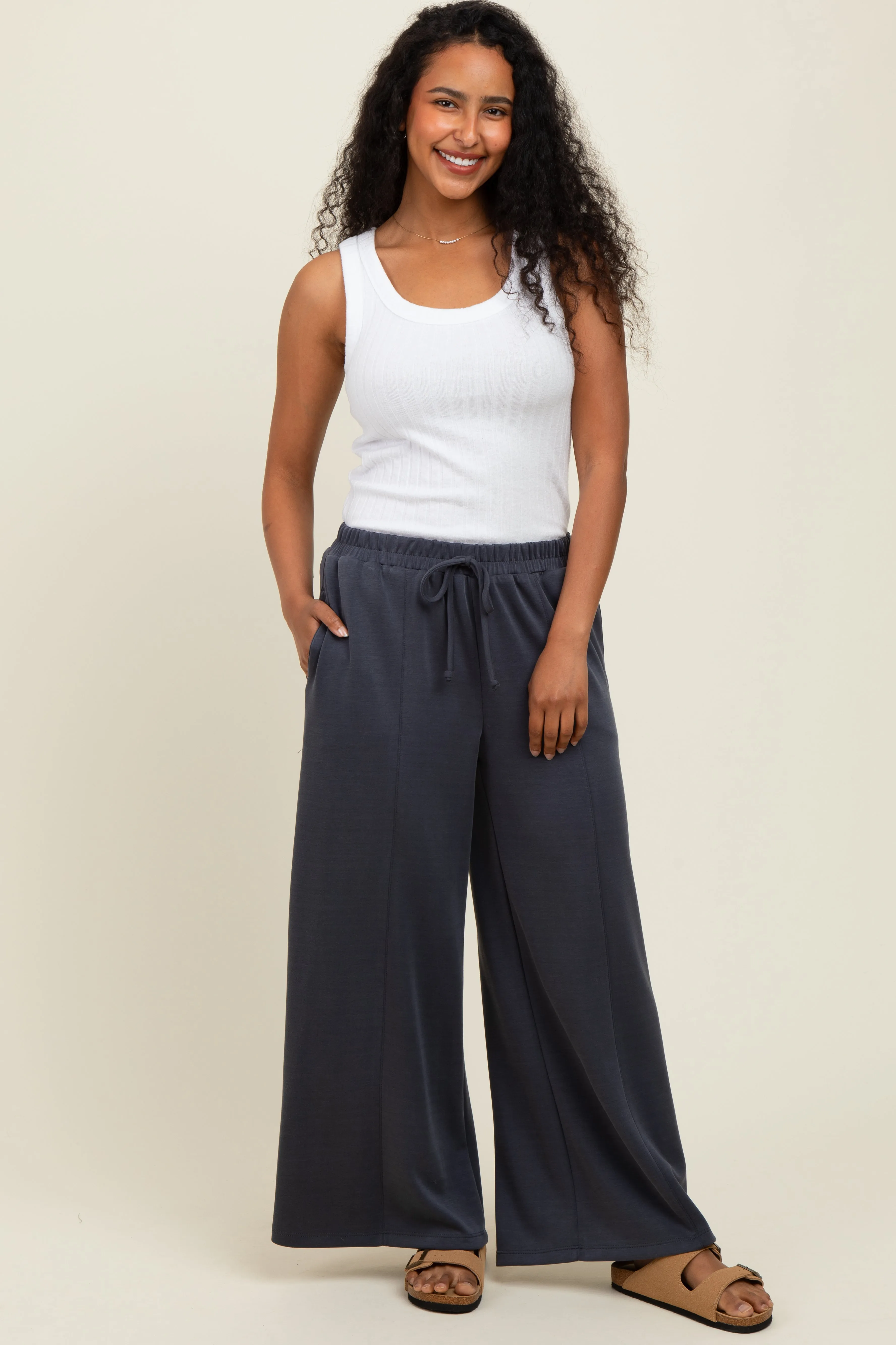 Charcoal Drawstring Wide Leg Pants sold by Pinkblush