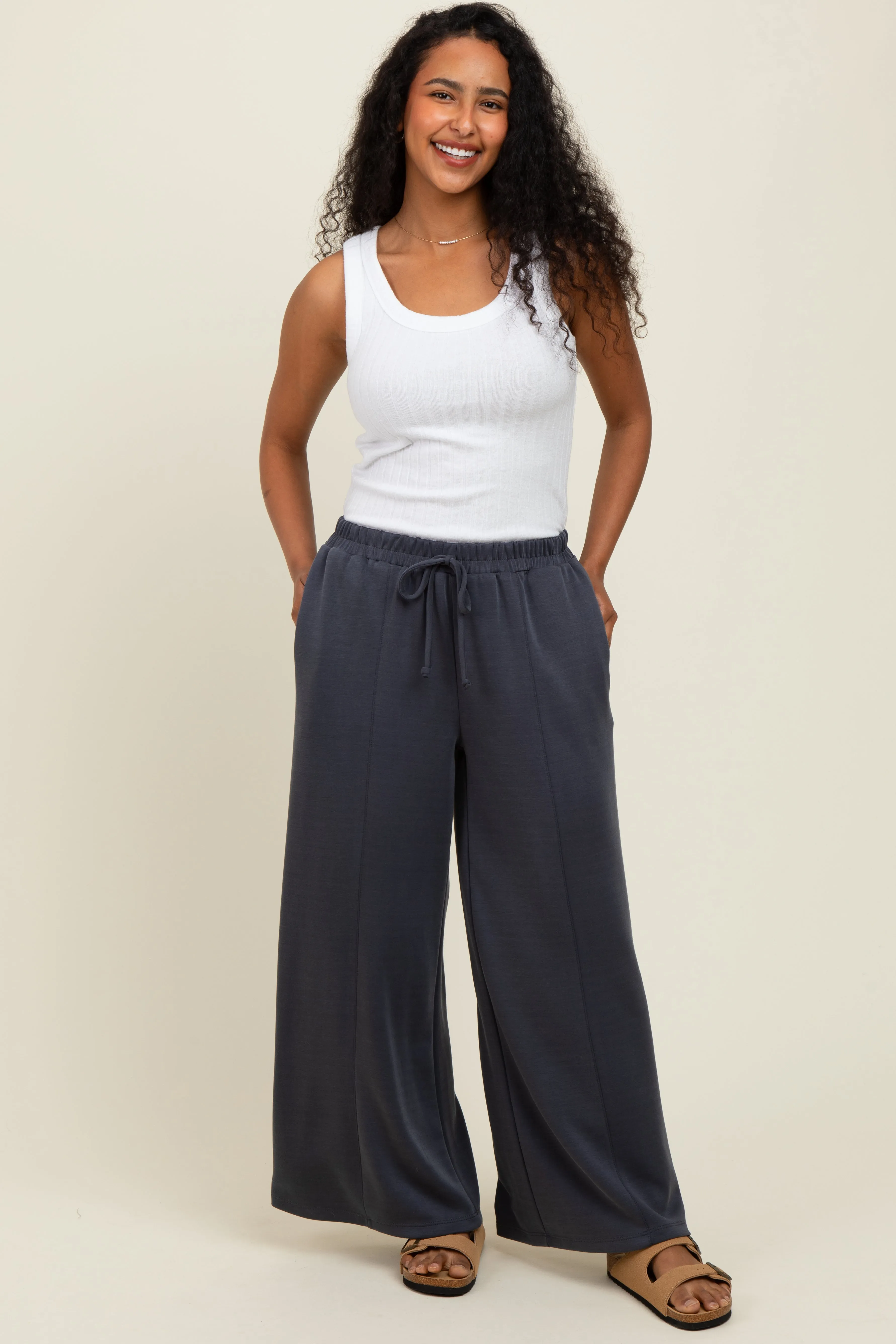 Charcoal Drawstring Wide Leg Pants sold by Pinkblush product image thumbnail 2