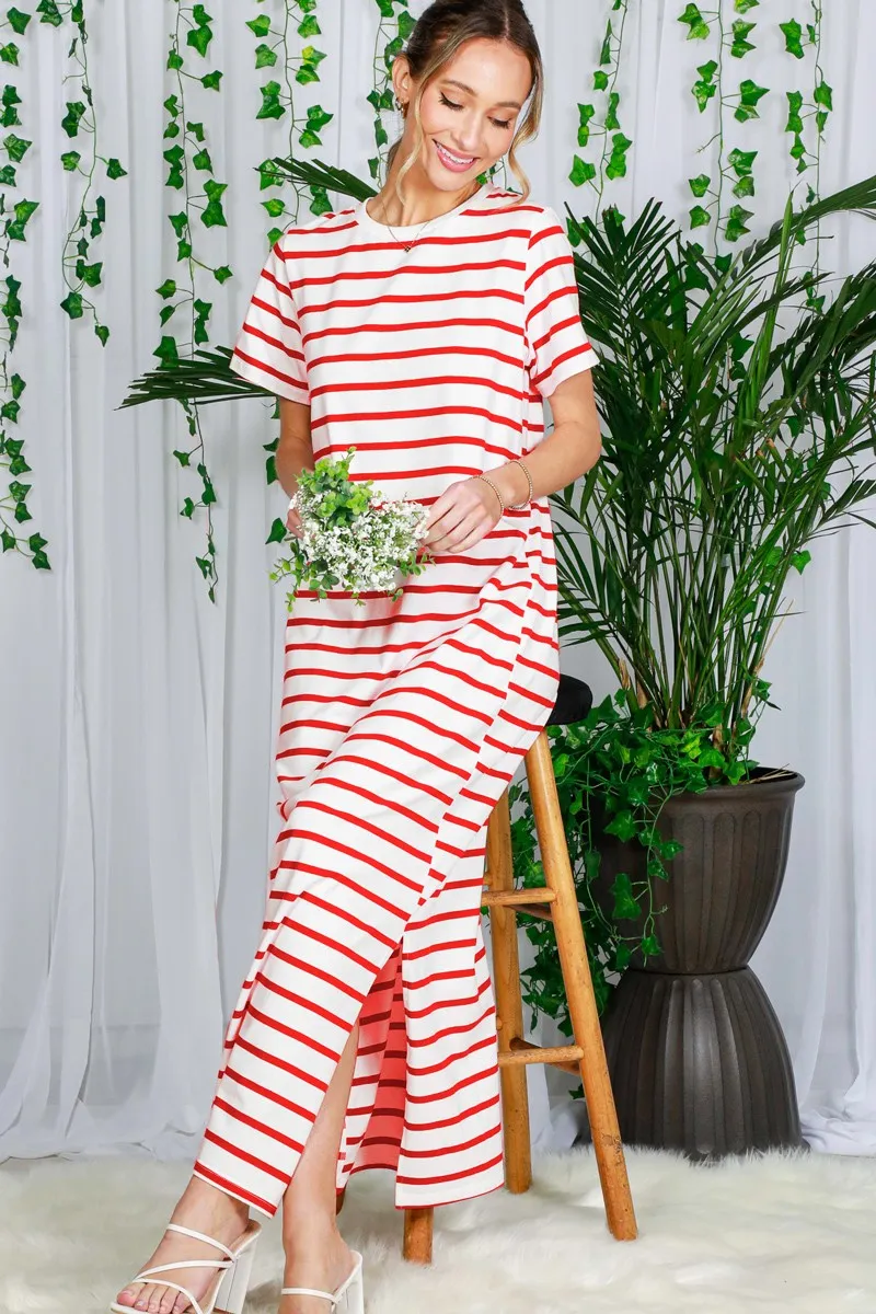 Red Striped Side Slit Maxi Dress sold by Pinkblush