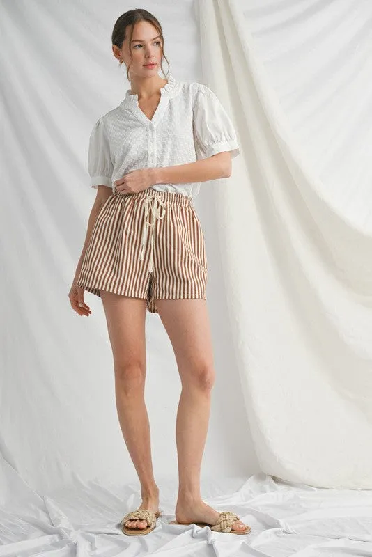 Mocha Drawstring Waist Striped Shorts sold by Pinkblush
