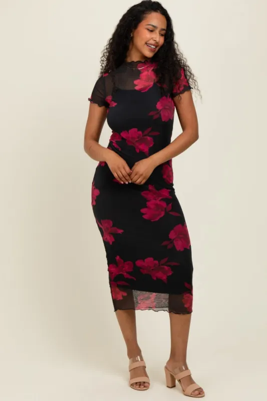 Black/Red Short Sleeve Digital Print Mesh Midi Dress sold by Pinkblush