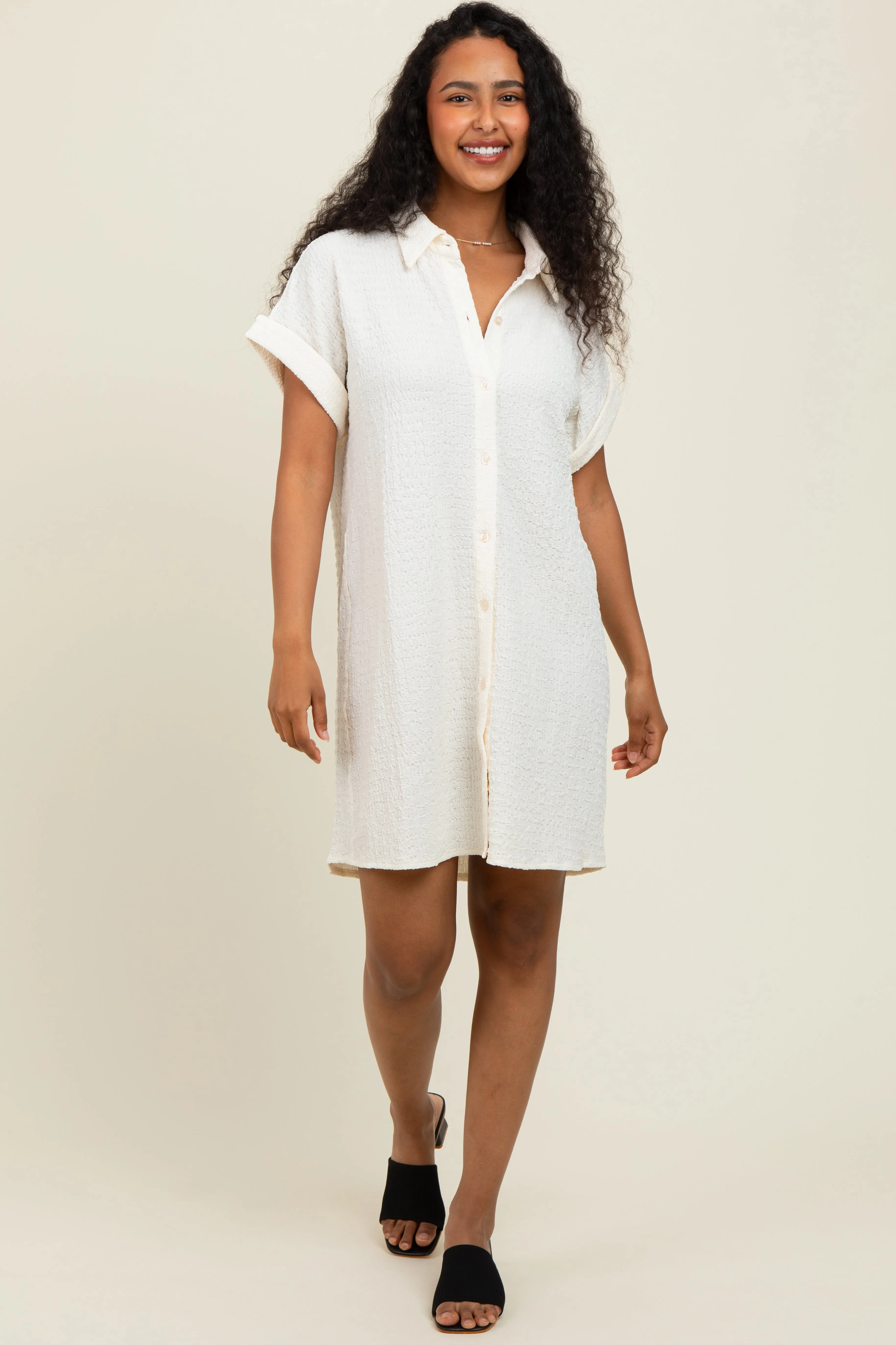 Ivory Textured Short Sleeve Button Down Shirt Dress sold by Pinkblush product image thumbnail 2