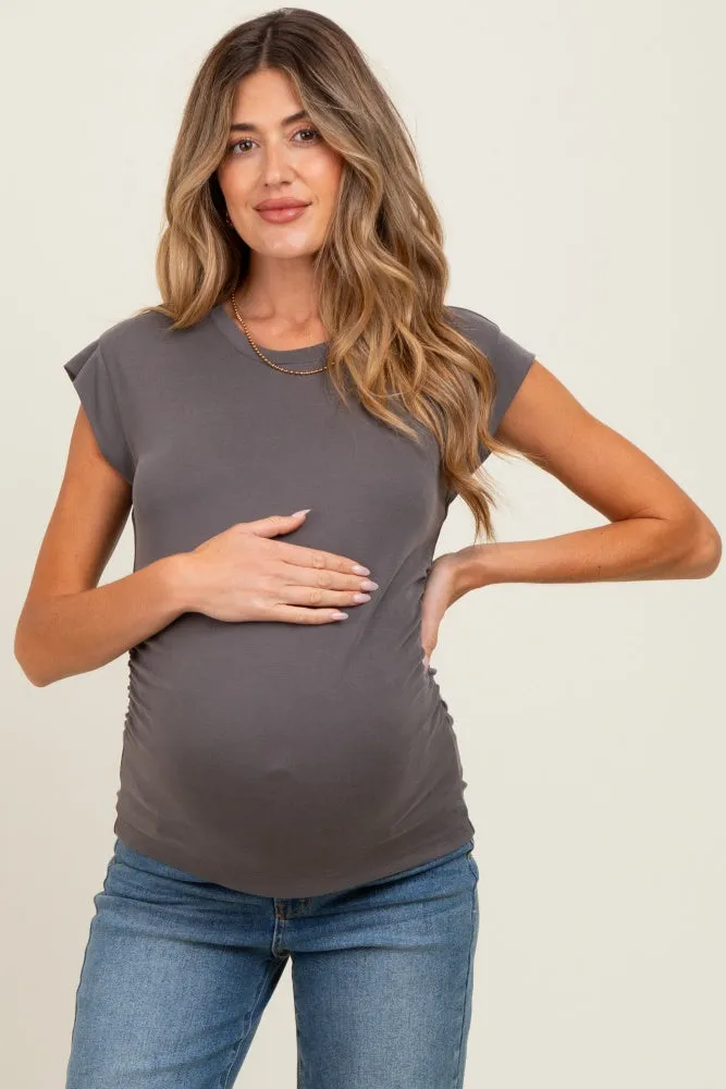 Charcoal Side Ruched Maternity Short Sleeve Top sold by Pinkblush