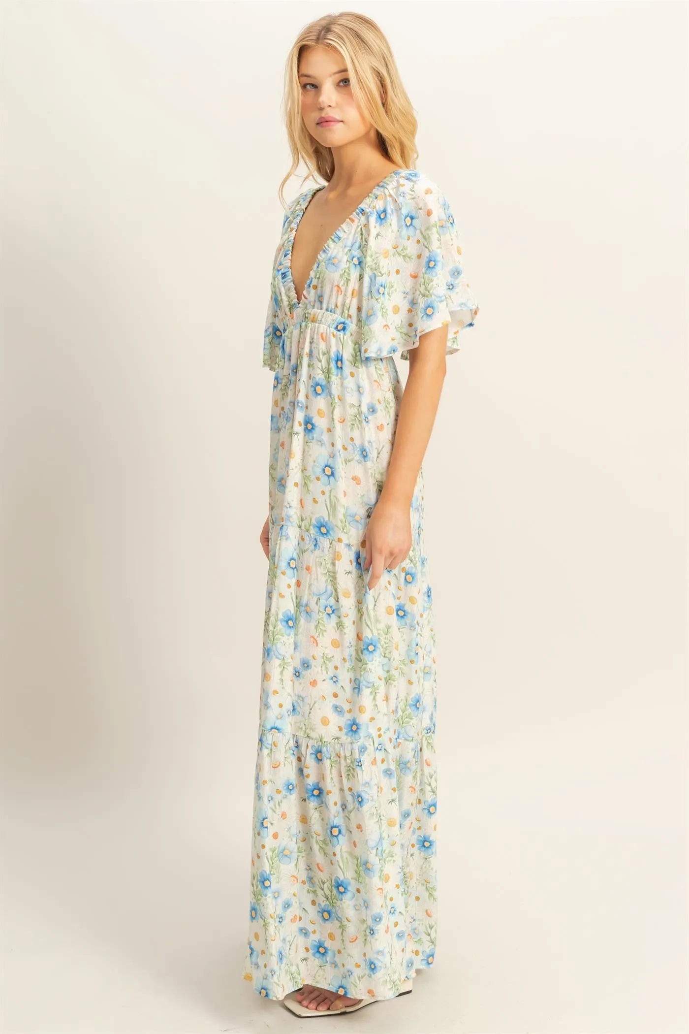 Blue Floral V-Neck Flowy Tiered Maxi Dress sold by Pinkblush product image thumbnail 2