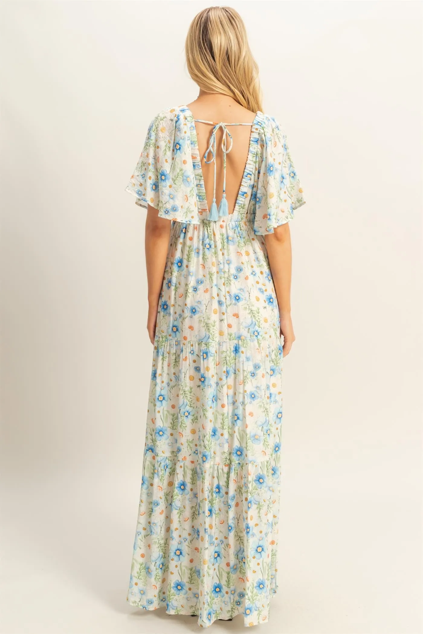 Blue Floral V-Neck Flowy Tiered Maxi Dress sold by Pinkblush product image thumbnail 3