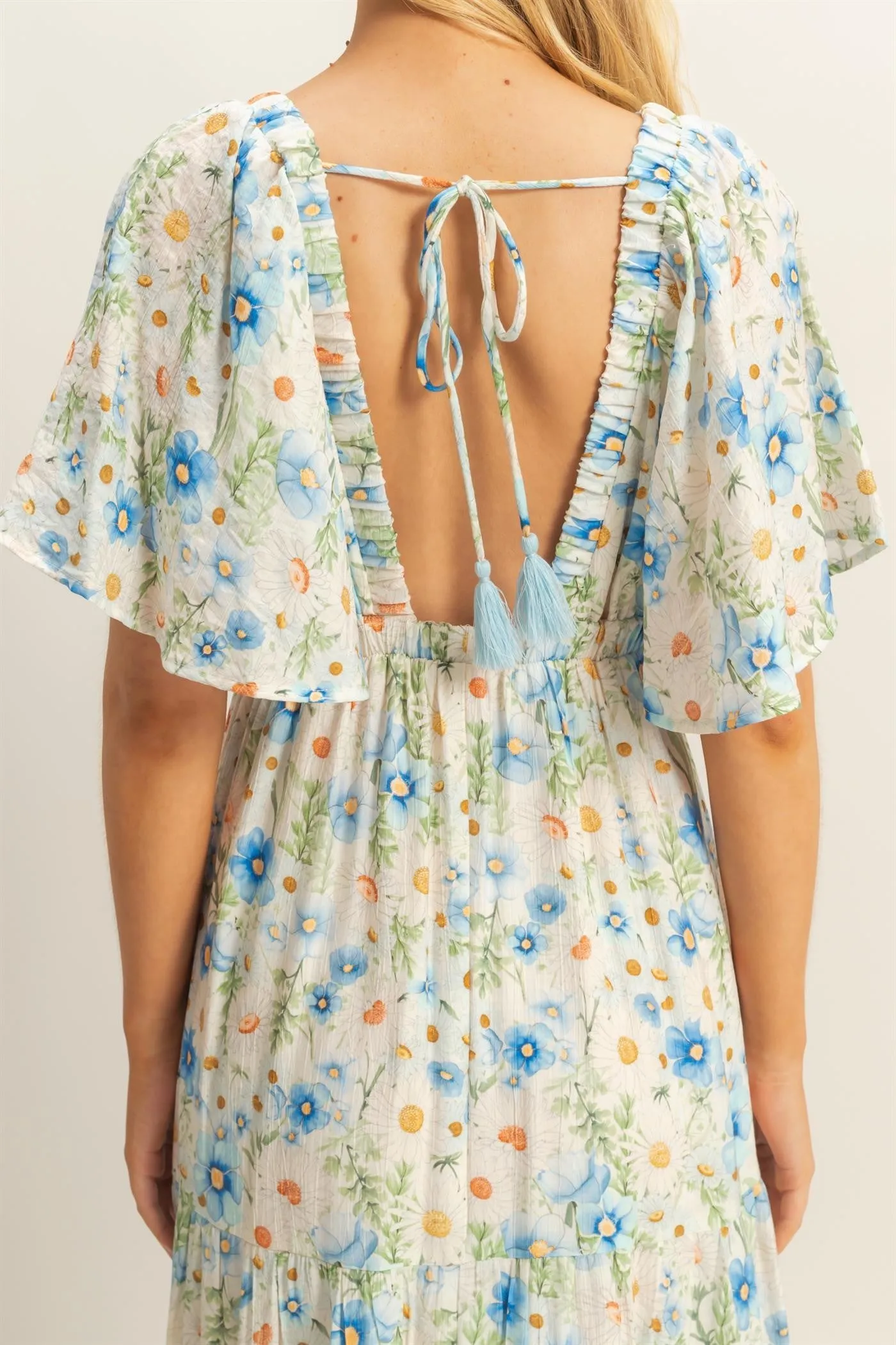 Blue Floral V-Neck Flowy Tiered Maxi Dress sold by Pinkblush product image thumbnail 4