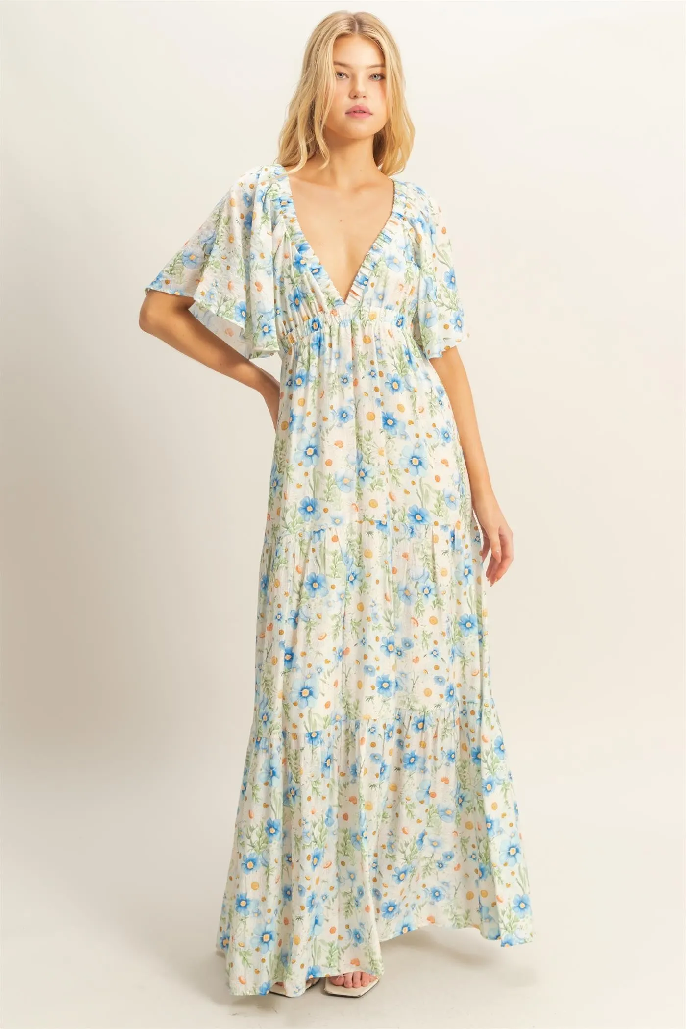 Blue Floral V-Neck Flowy Tiered Maxi Dress sold by Pinkblush
