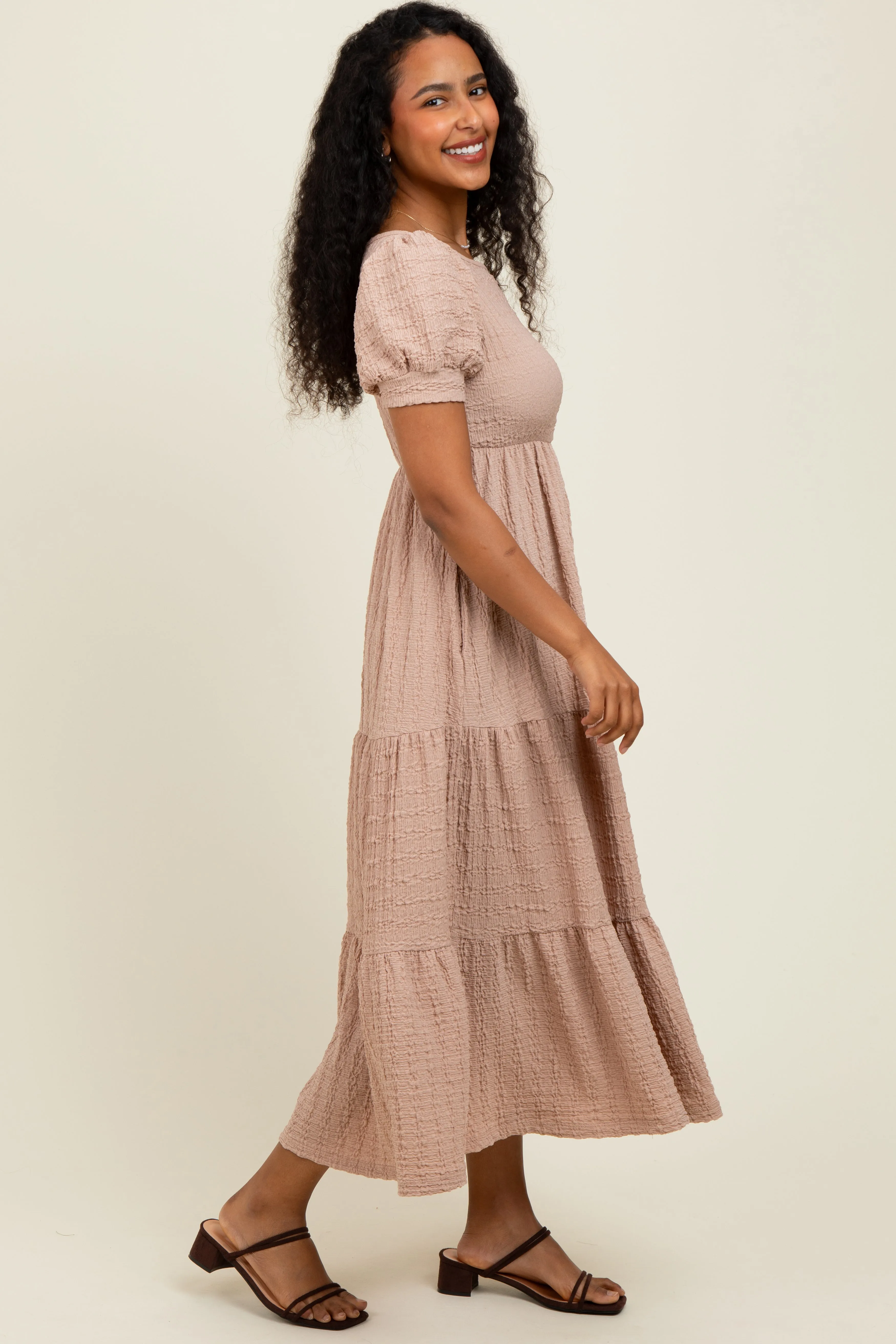 Mocha Solid Textured Tiered Shirt Sleeve Maxi Dress sold by Pinkblush product image thumbnail 3