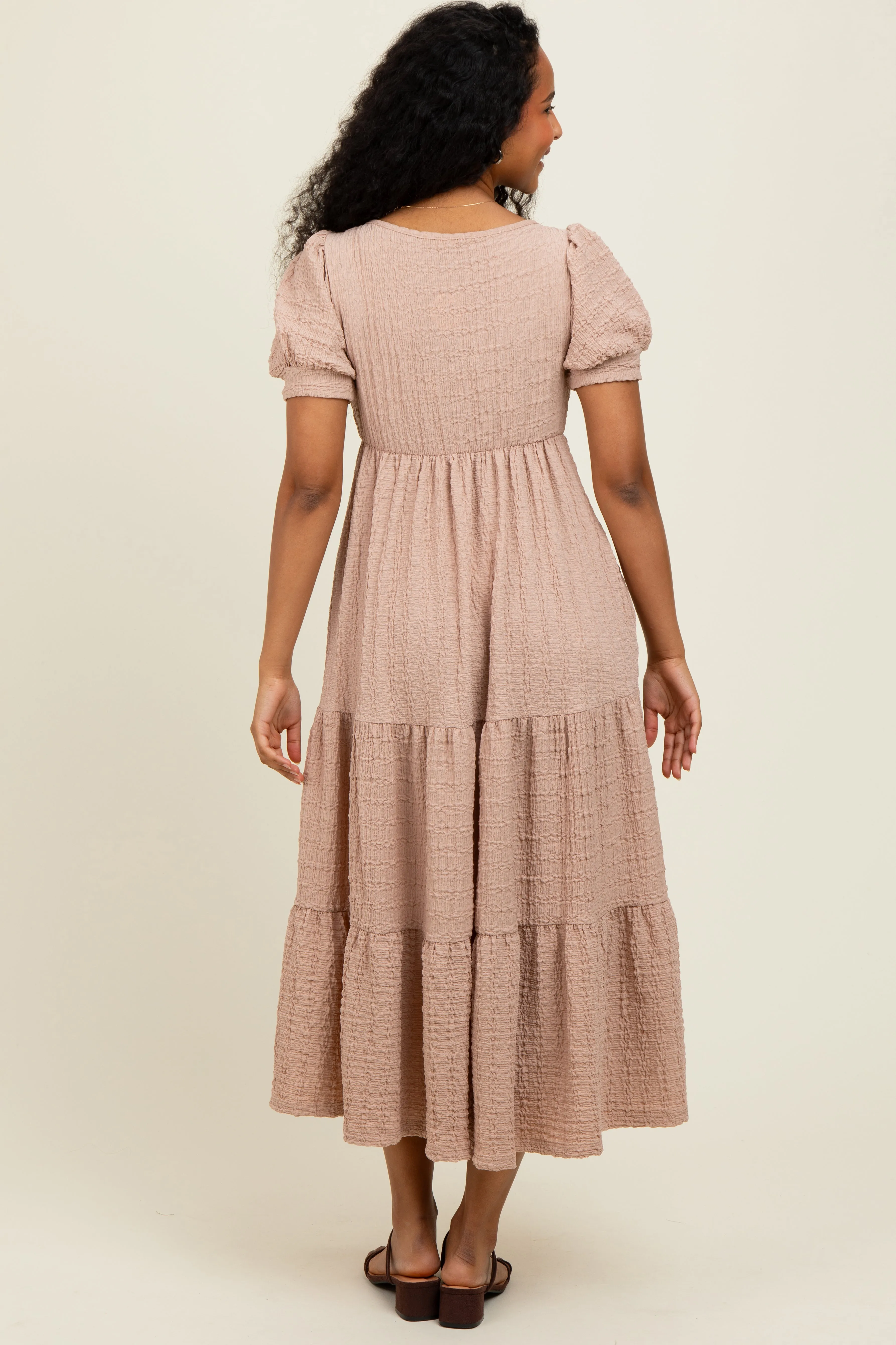 Mocha Solid Textured Tiered Shirt Sleeve Maxi Dress sold by Pinkblush product image thumbnail 4