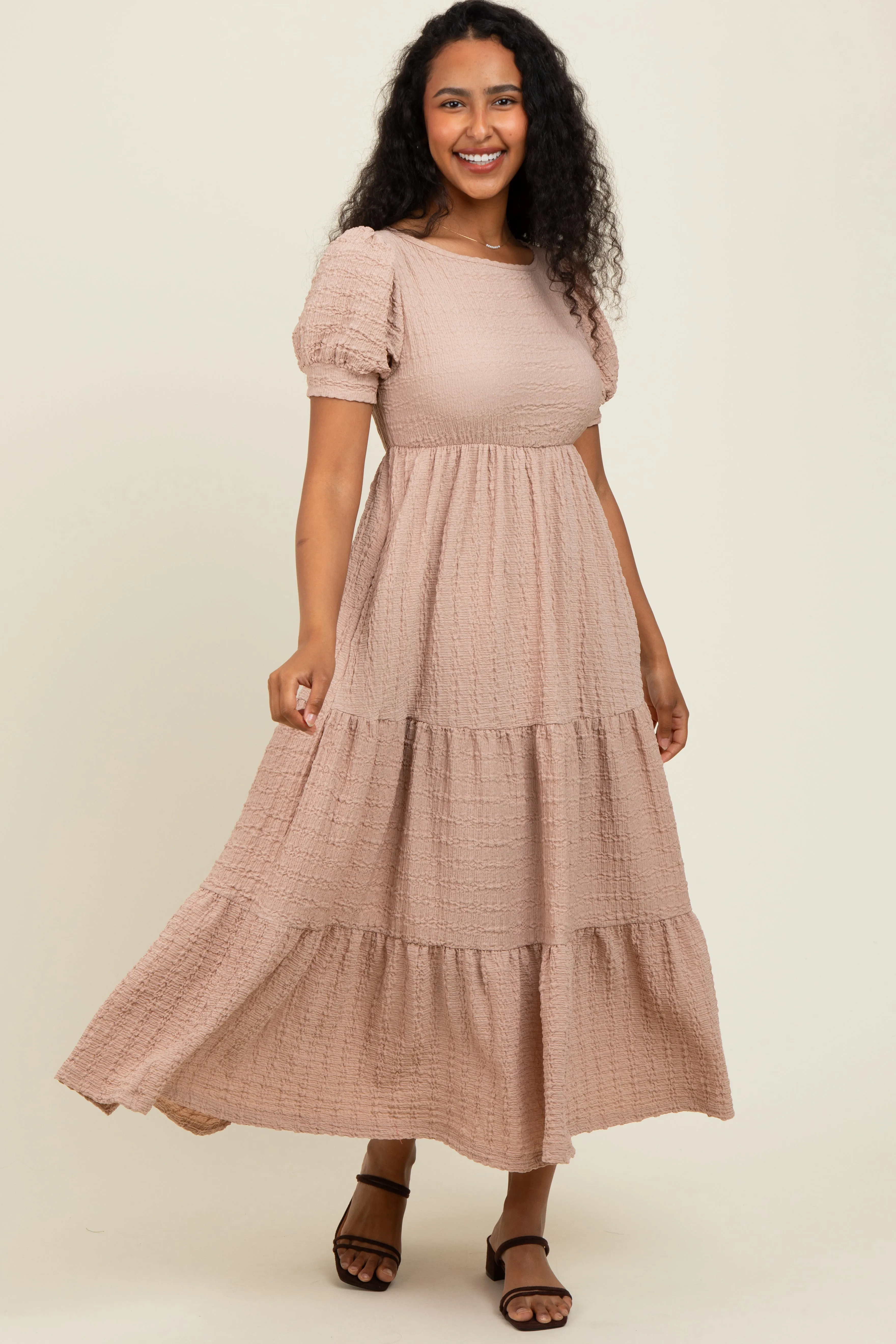 Mocha Solid Textured Tiered Shirt Sleeve Maxi Dress sold by Pinkblush product image thumbnail 2