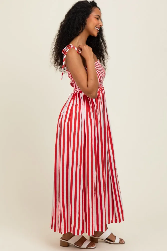 Red Striped Smocked Shoulder Tie Midi Dress sold by Pinkblush product image thumbnail 3