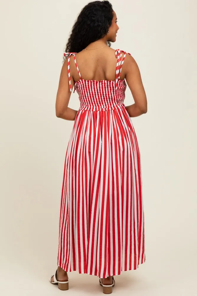 Red Striped Smocked Shoulder Tie Midi Dress sold by Pinkblush product image thumbnail 4