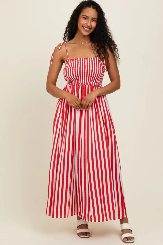 Red Striped Smocked Shoulder Tie Midi Dress sold by Pinkblush
