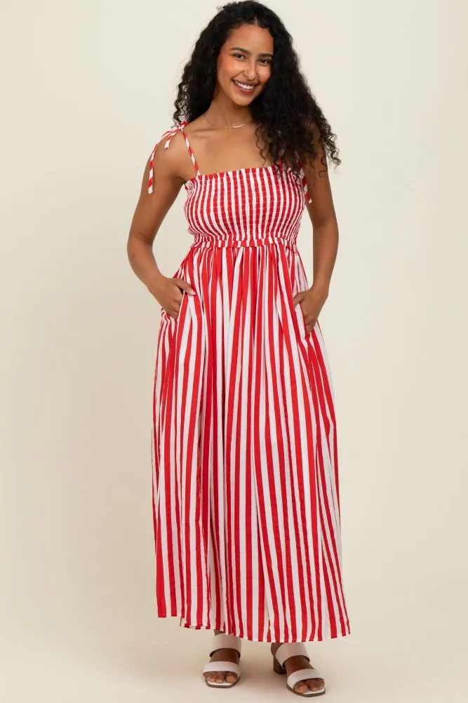 Red Striped Smocked Shoulder Tie Midi Dress sold by Pinkblush product image thumbnail 2