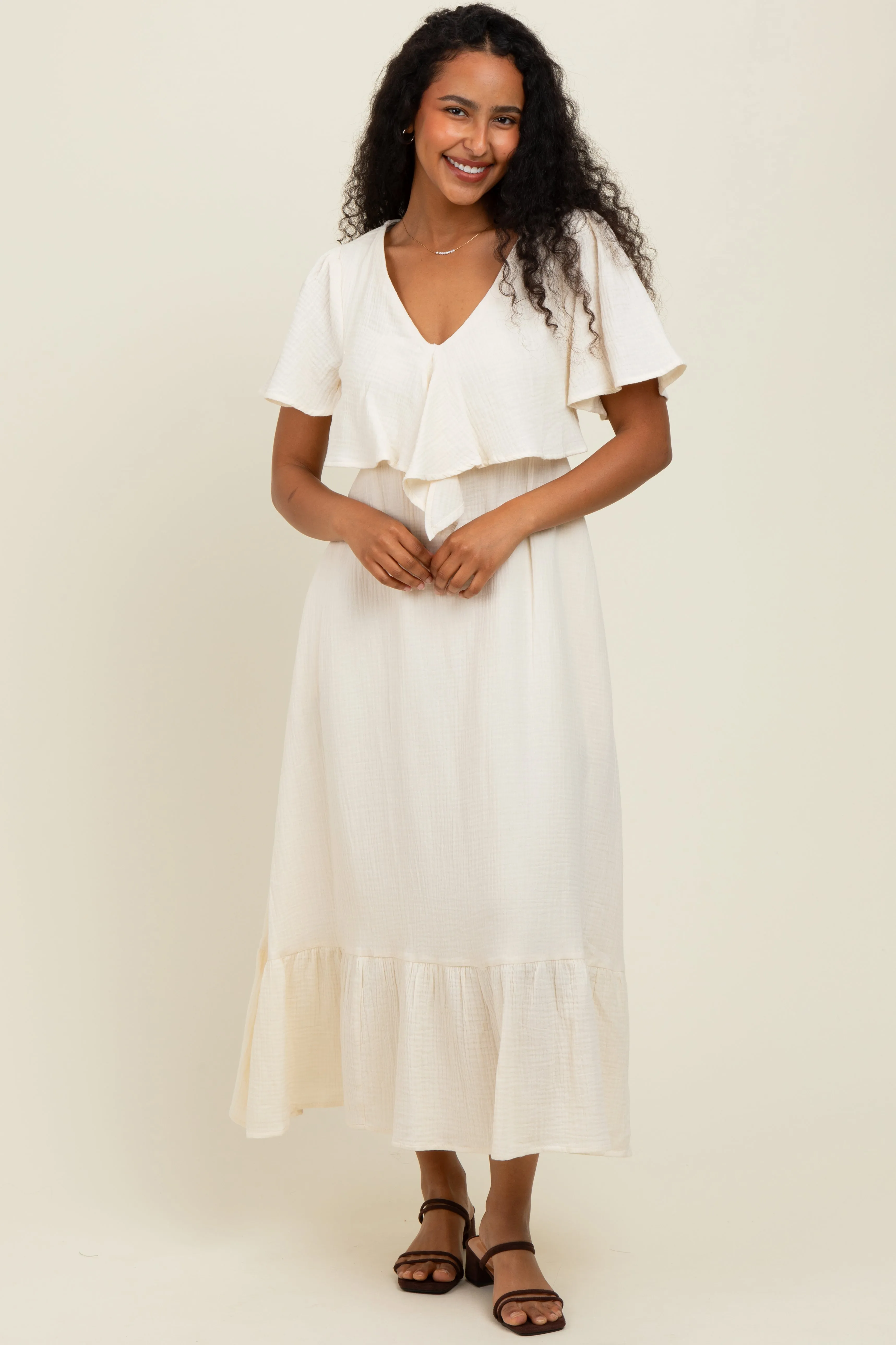 Cream Bust Knot Cotton Gauze Midi Dress sold by Pinkblush product image thumbnail 2