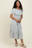 Cream/Blue Striped Short Sleeve Tiered Maxi Dress sold by Pinkblush