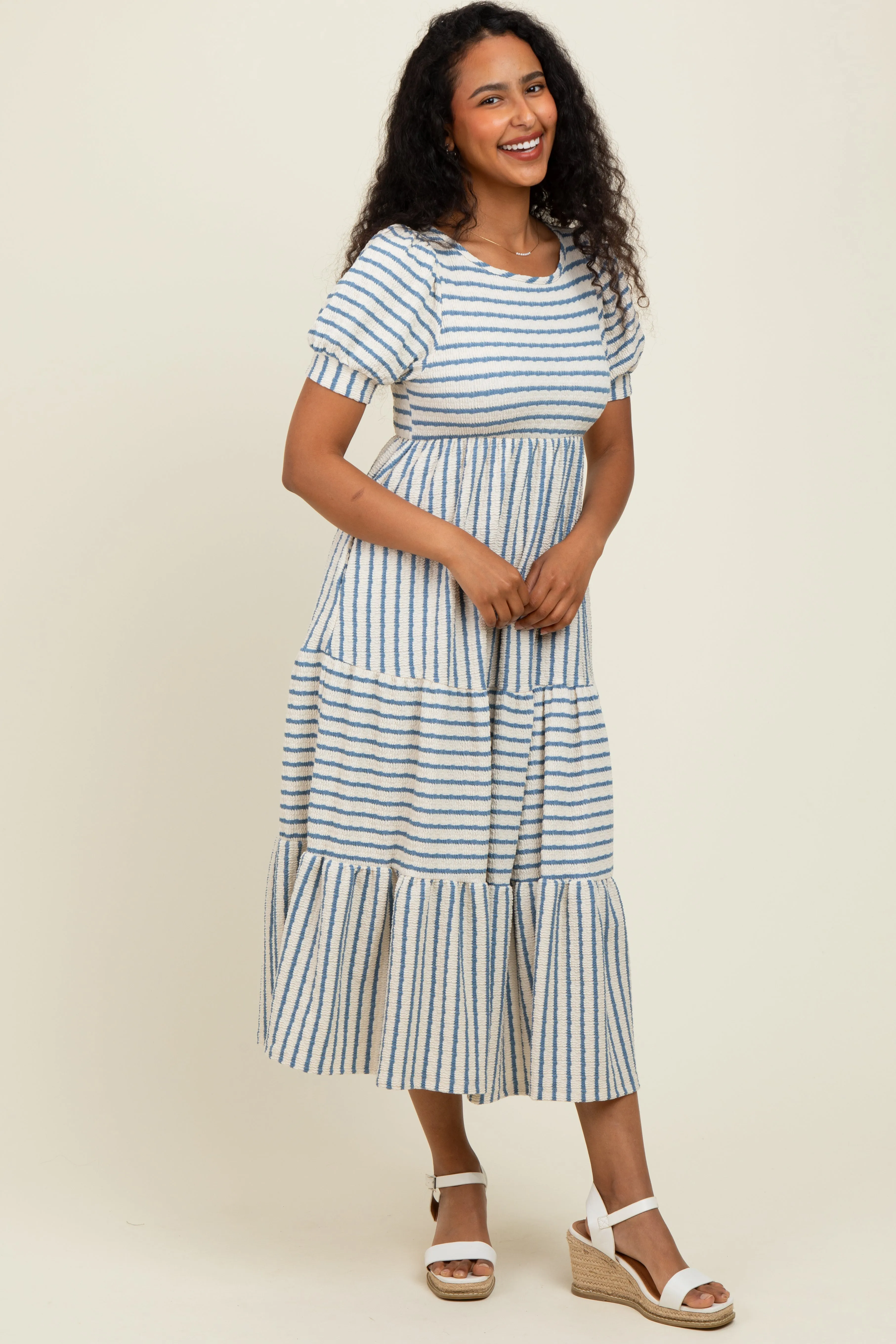 Cream/Blue Striped Short Sleeve Tiered Maxi Dress sold by Pinkblush product image thumbnail 2