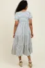 Cream/Blue Striped Short Sleeve Tiered Maxi Dress sold by Pinkblush