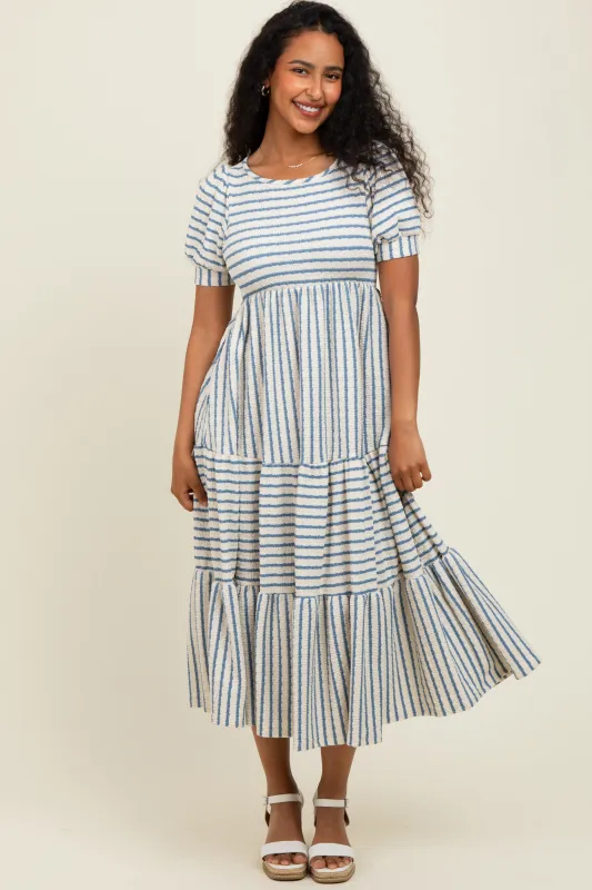 Cream/Blue Striped Short Sleeve Tiered Maxi Dress sold by Pinkblush