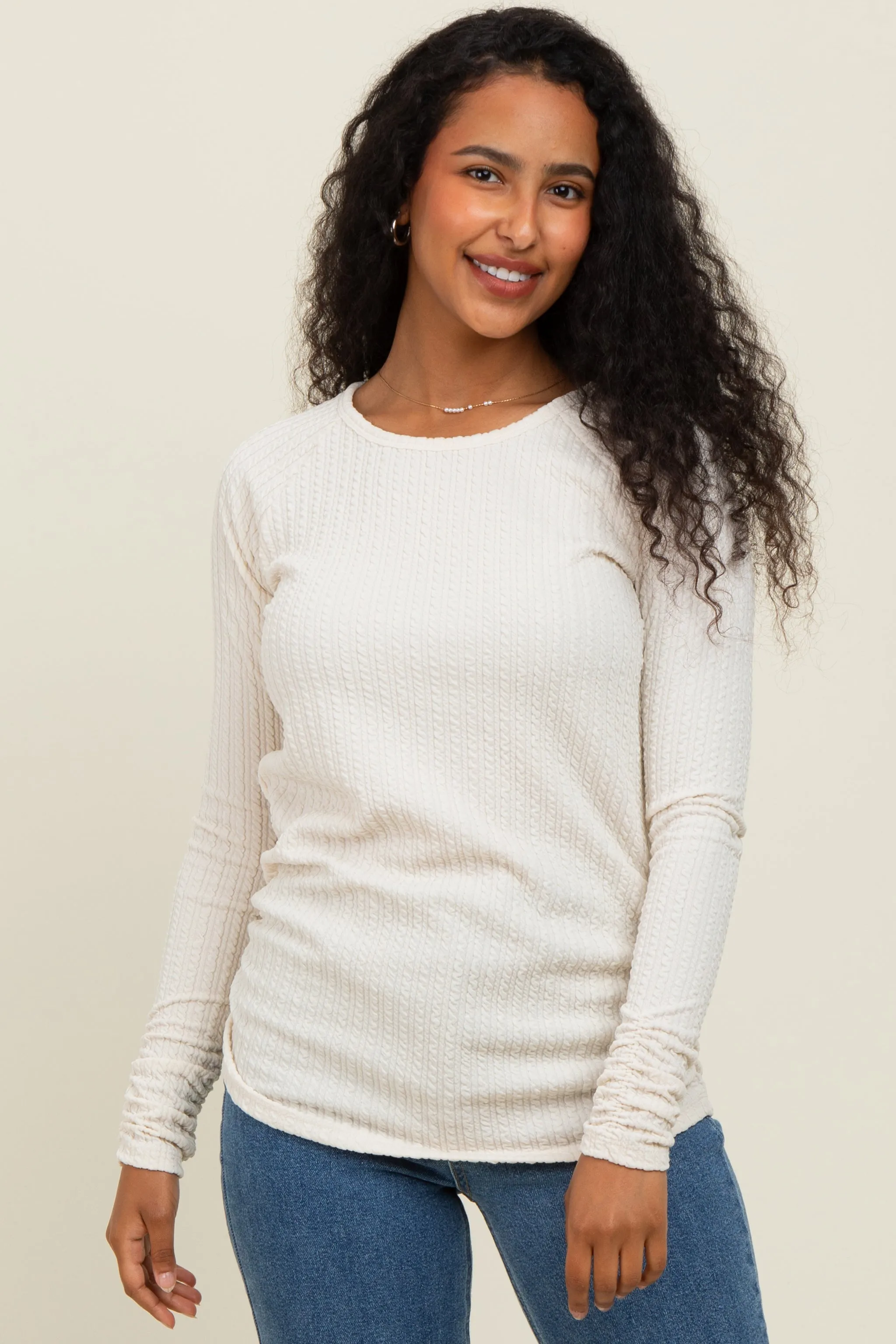 Ivory Solid Ribbed Ruched Long Sleeve Top sold by Pinkblush product image thumbnail 2
