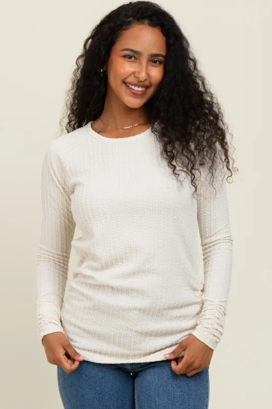 Ivory Solid Ribbed Ruched Long Sleeve Top sold by Pinkblush
