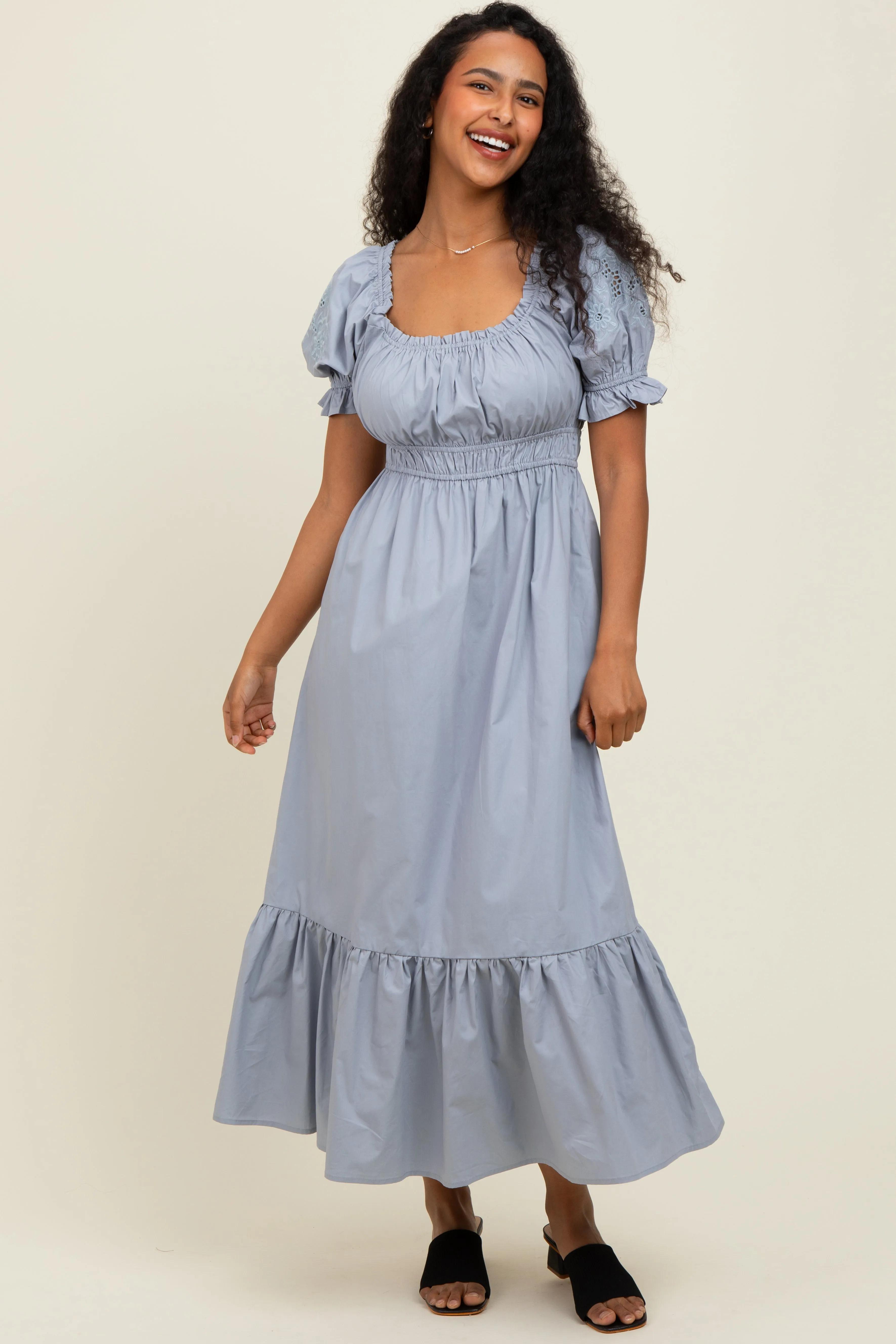 Dusty Blue Eyelet Embroidered Sleeve Cotton Midi Dress sold by Pinkblush product image thumbnail 2