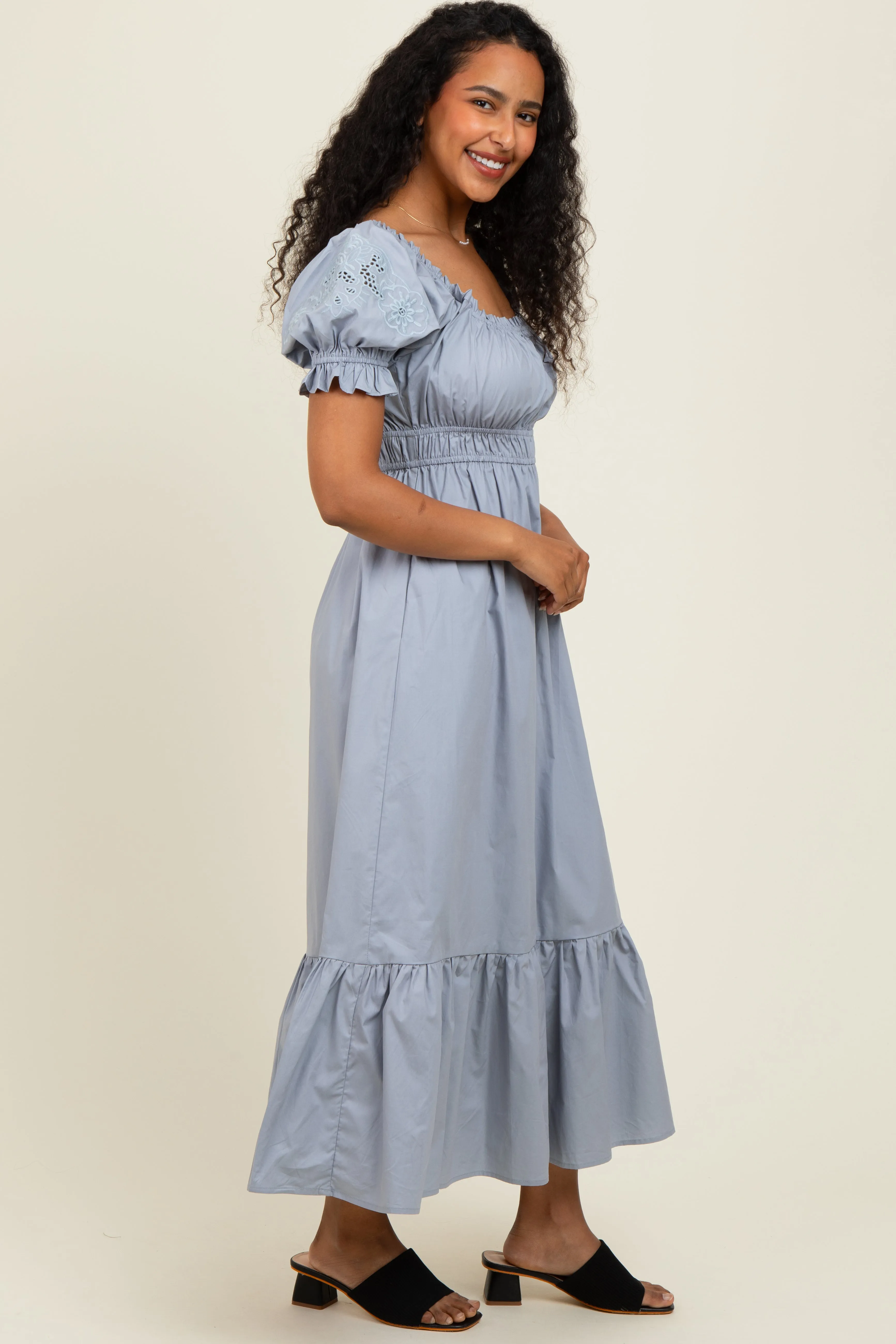 Dusty Blue Eyelet Embroidered Sleeve Cotton Midi Dress sold by Pinkblush product image thumbnail 3