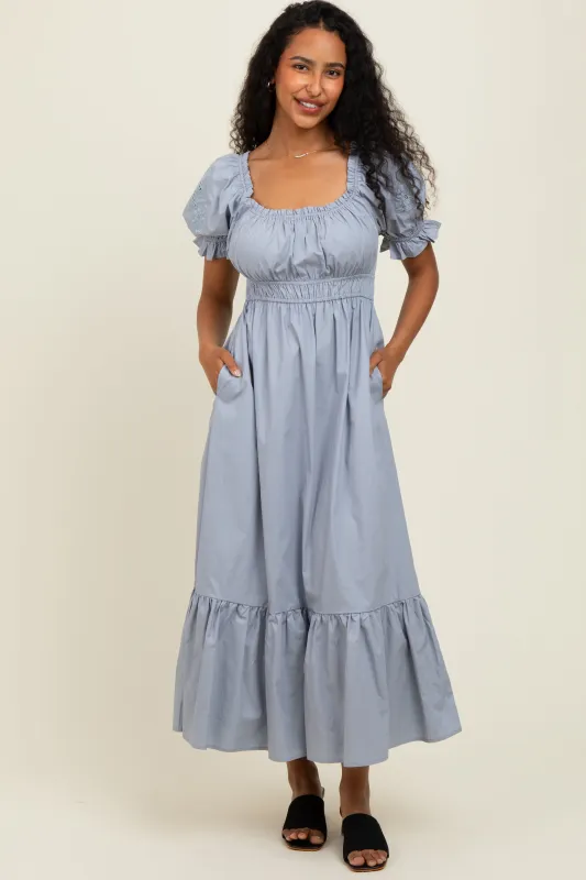 Dusty Blue Eyelet Embroidered Sleeve Cotton Midi Dress sold by Pinkblush