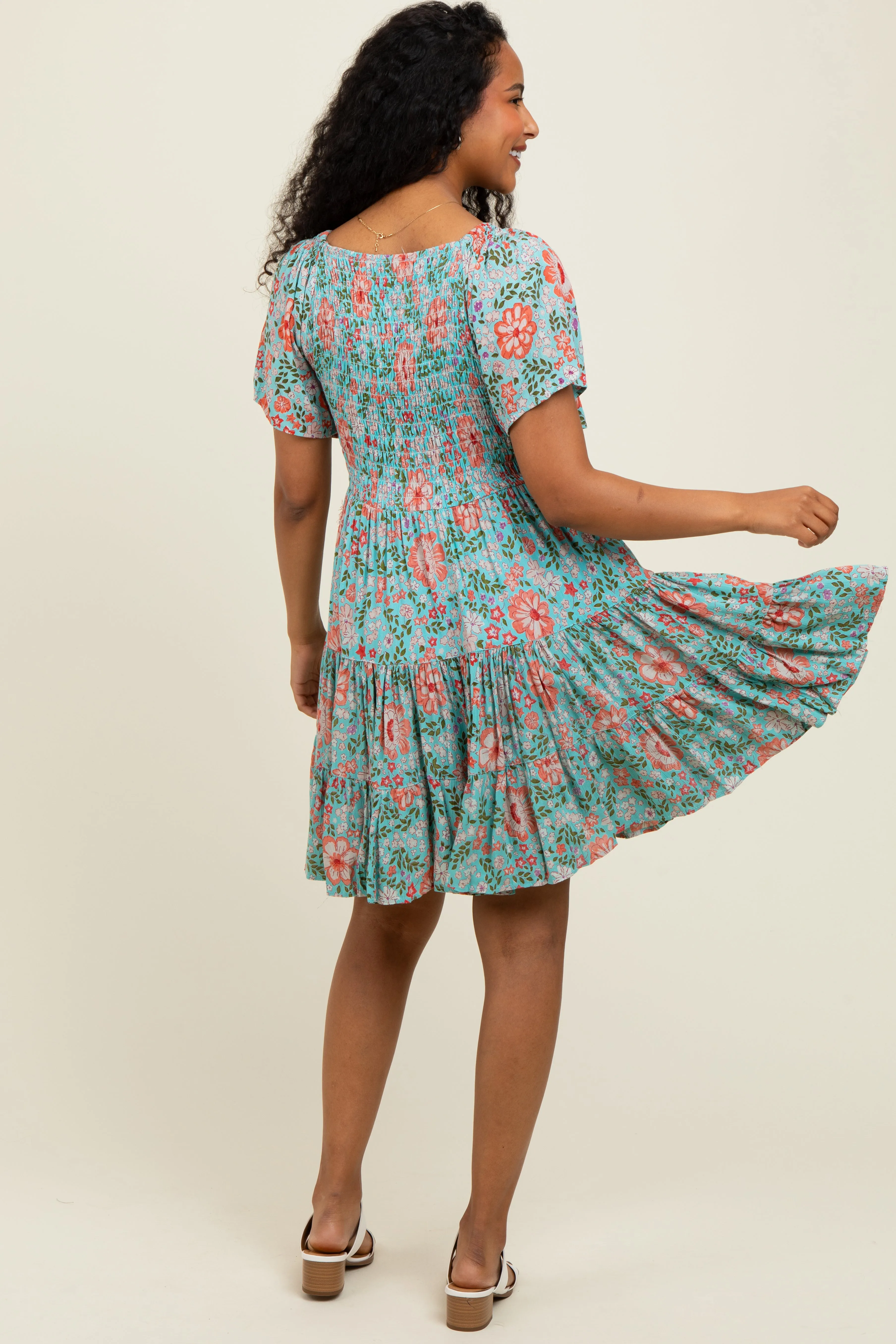 Mint Smocked Bodice V Neck Flutter Sleeve Dress sold by Pinkblush product image thumbnail 4