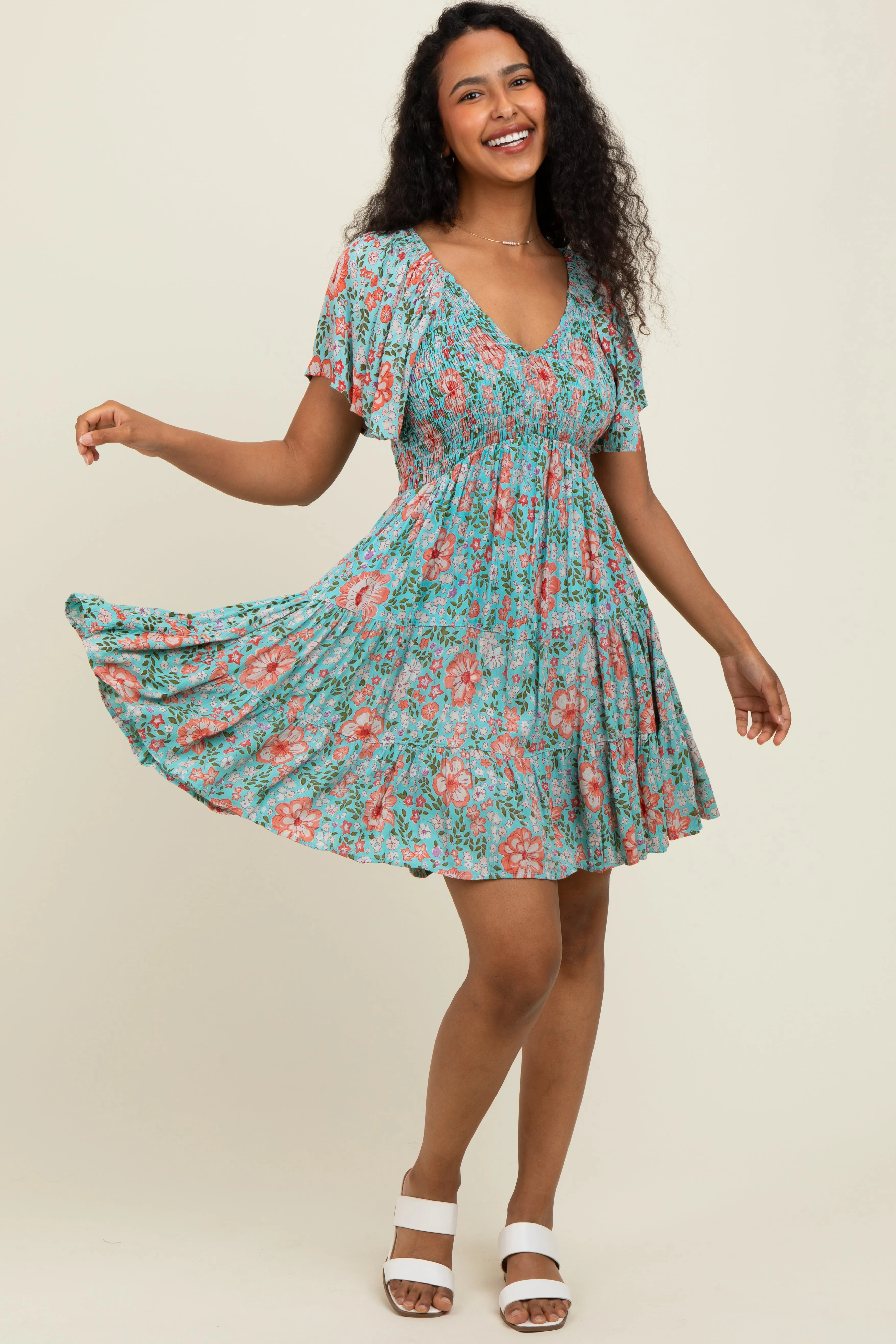 Mint Smocked Bodice V Neck Flutter Sleeve Dress sold by Pinkblush product image thumbnail 2