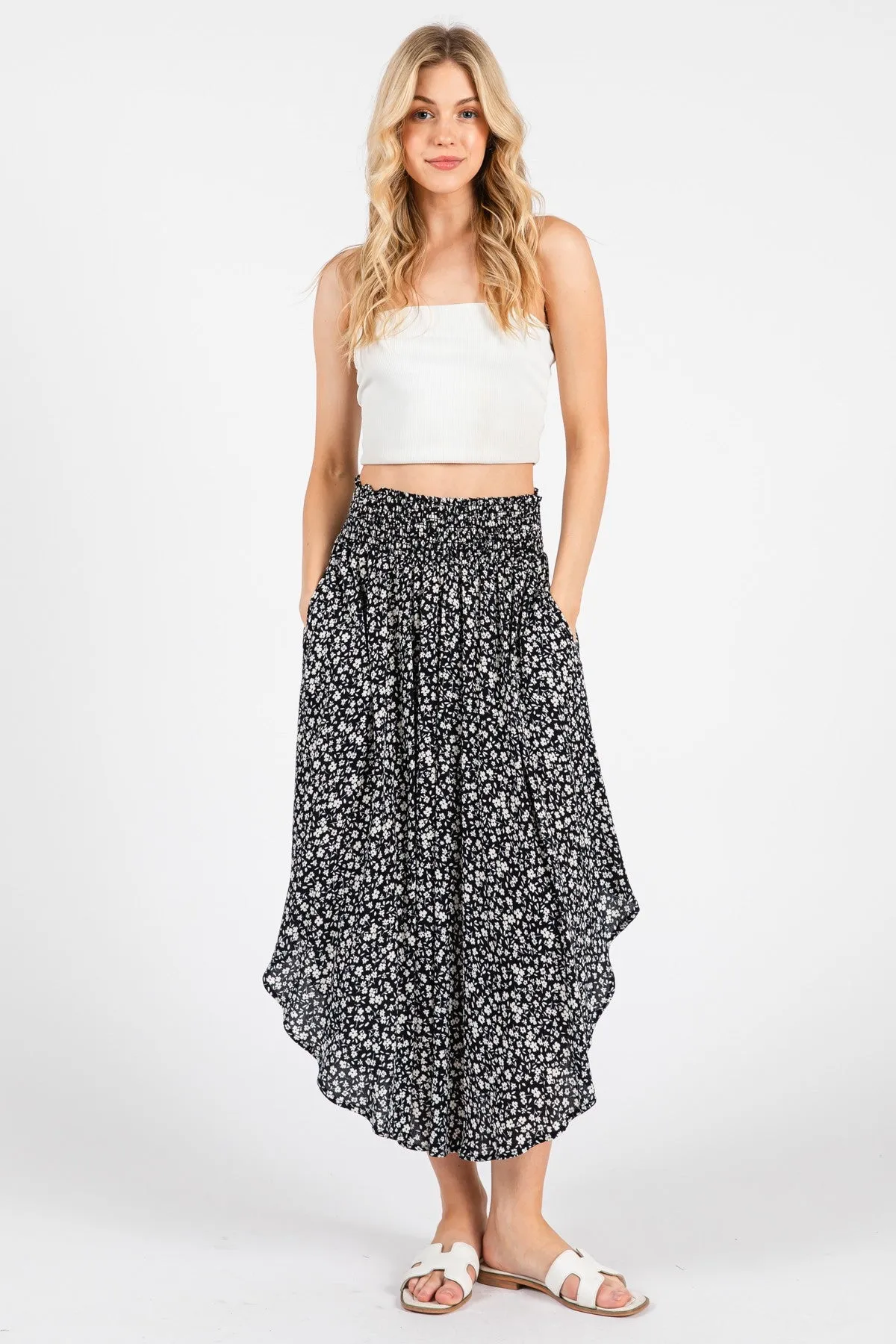Black Floral Smocked Waist Round Hem Midi Skirt sold by Pinkblush product image thumbnail 2