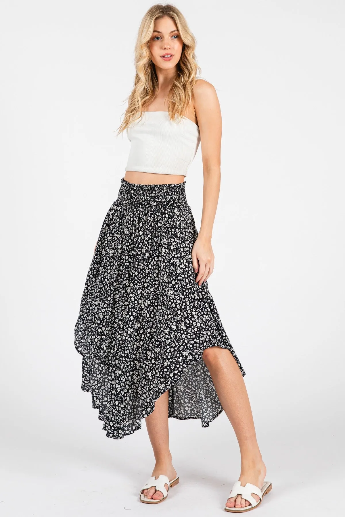 Black Floral Smocked Waist Round Hem Midi Skirt sold by Pinkblush product image thumbnail 3