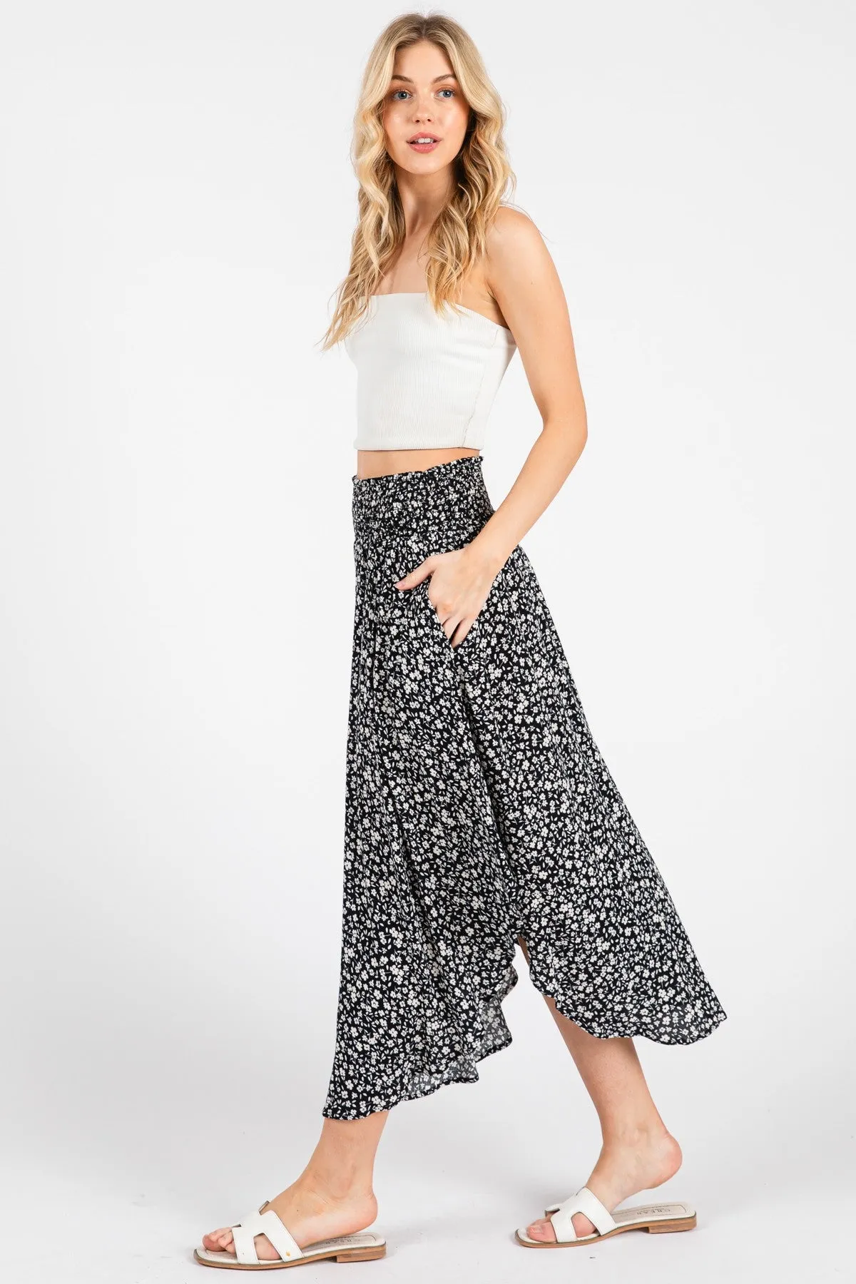 Black Floral Smocked Waist Round Hem Midi Skirt sold by Pinkblush product image thumbnail 4