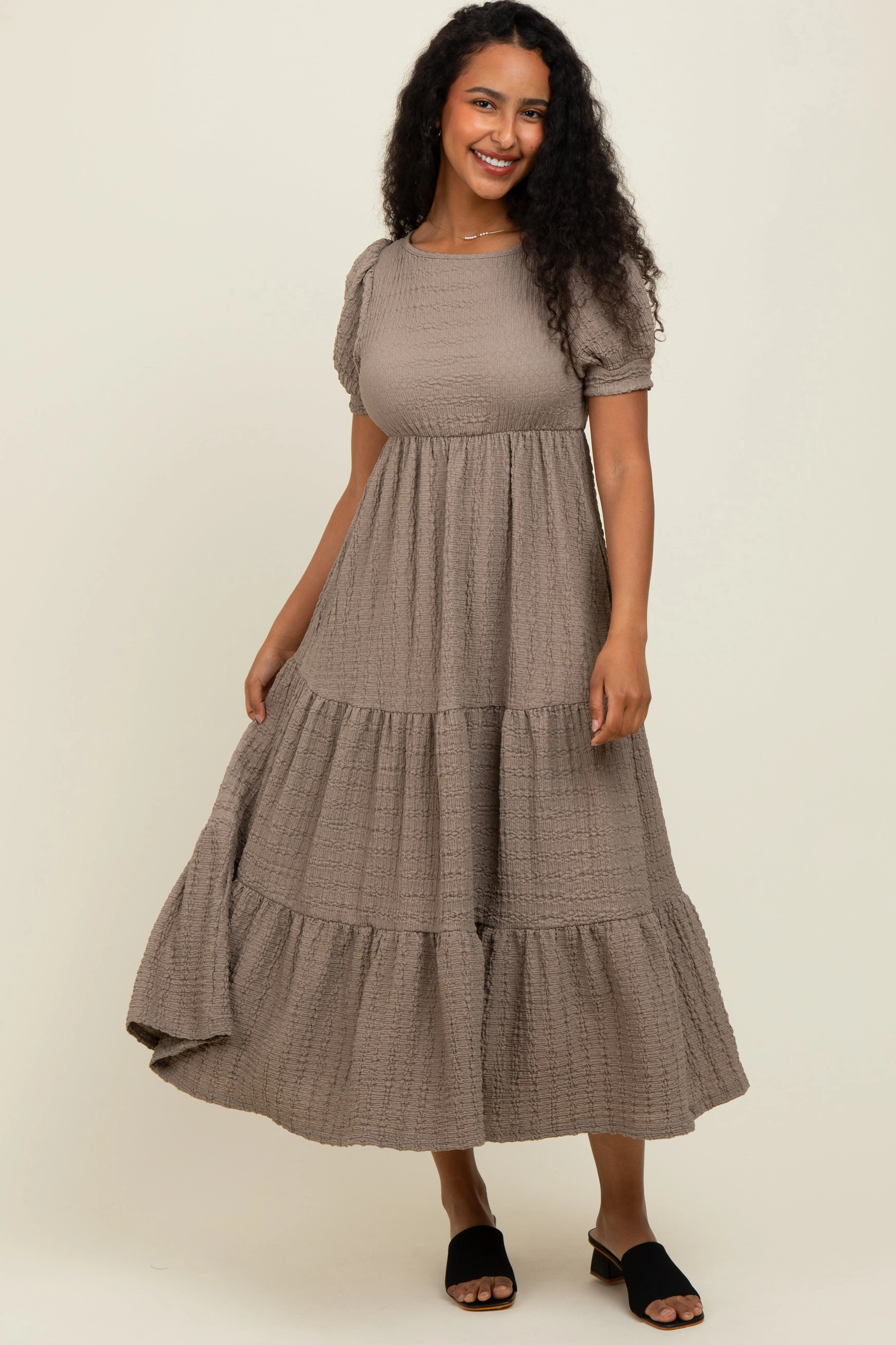 Taupe Solid Textured Tiered Shirt Sleeve Maxi Dress sold by Pinkblush