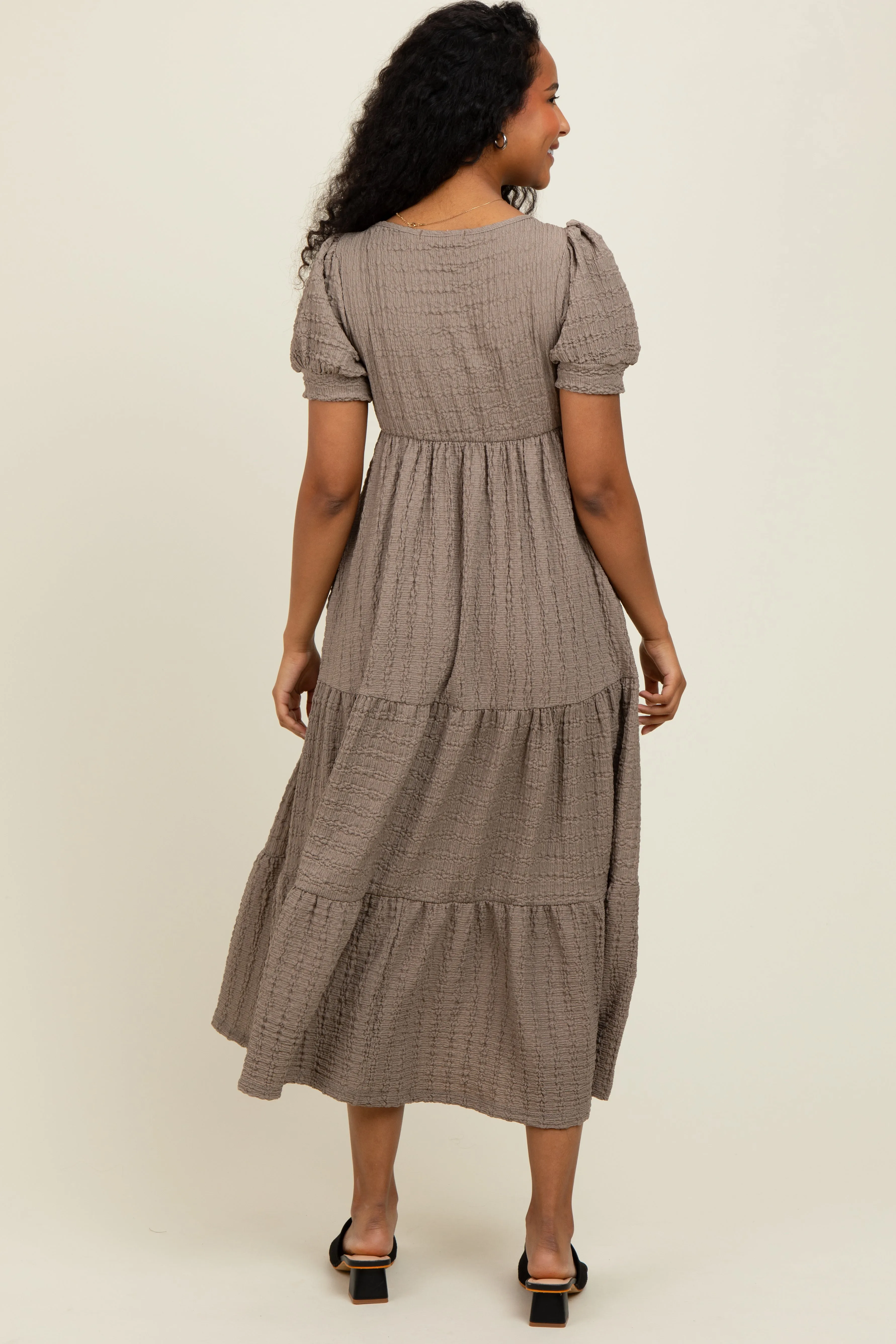 Taupe Solid Textured Tiered Shirt Sleeve Maxi Dress sold by Pinkblush product image thumbnail 4