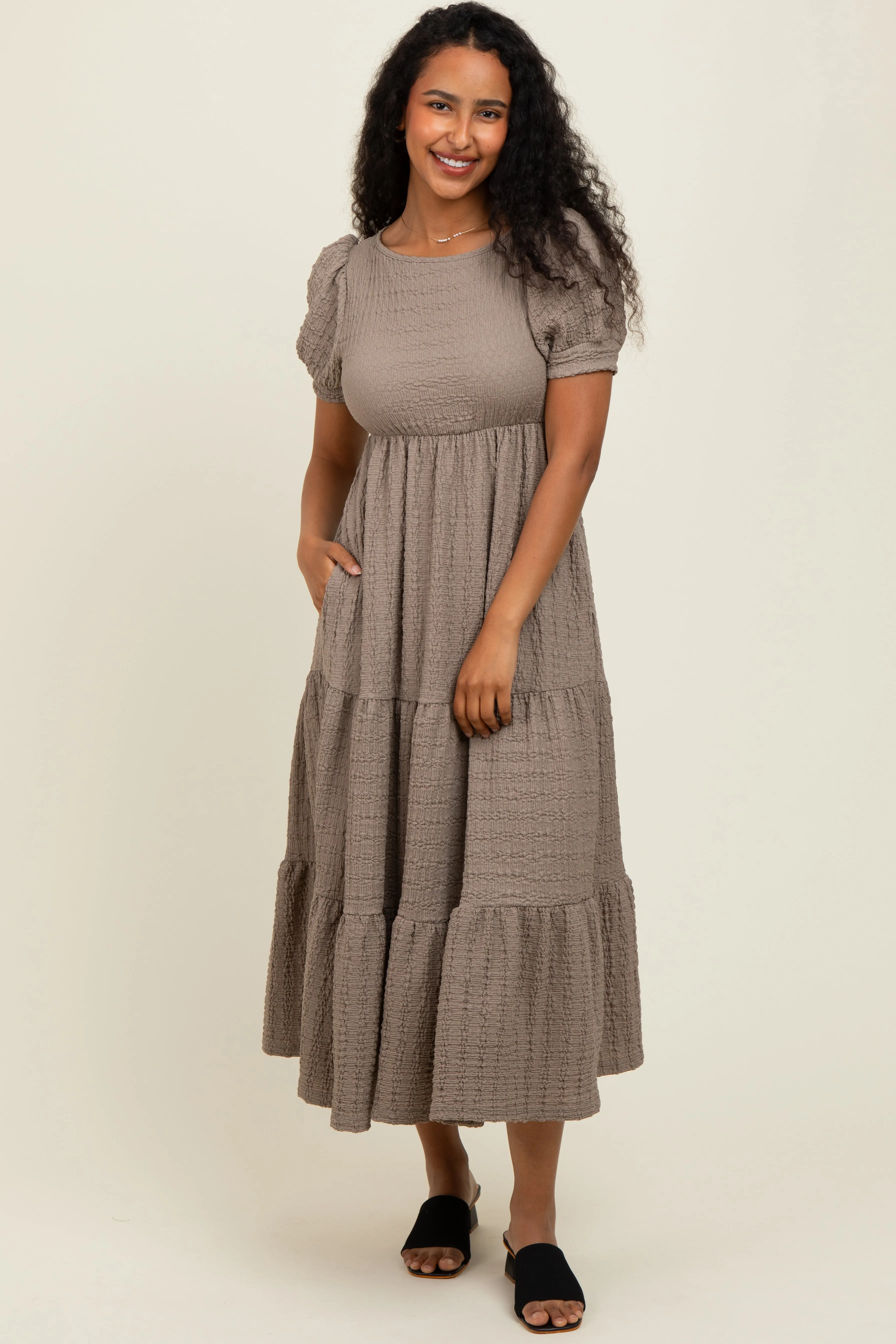 Taupe Solid Textured Tiered Shirt Sleeve Maxi Dress sold by Pinkblush product image thumbnail 2