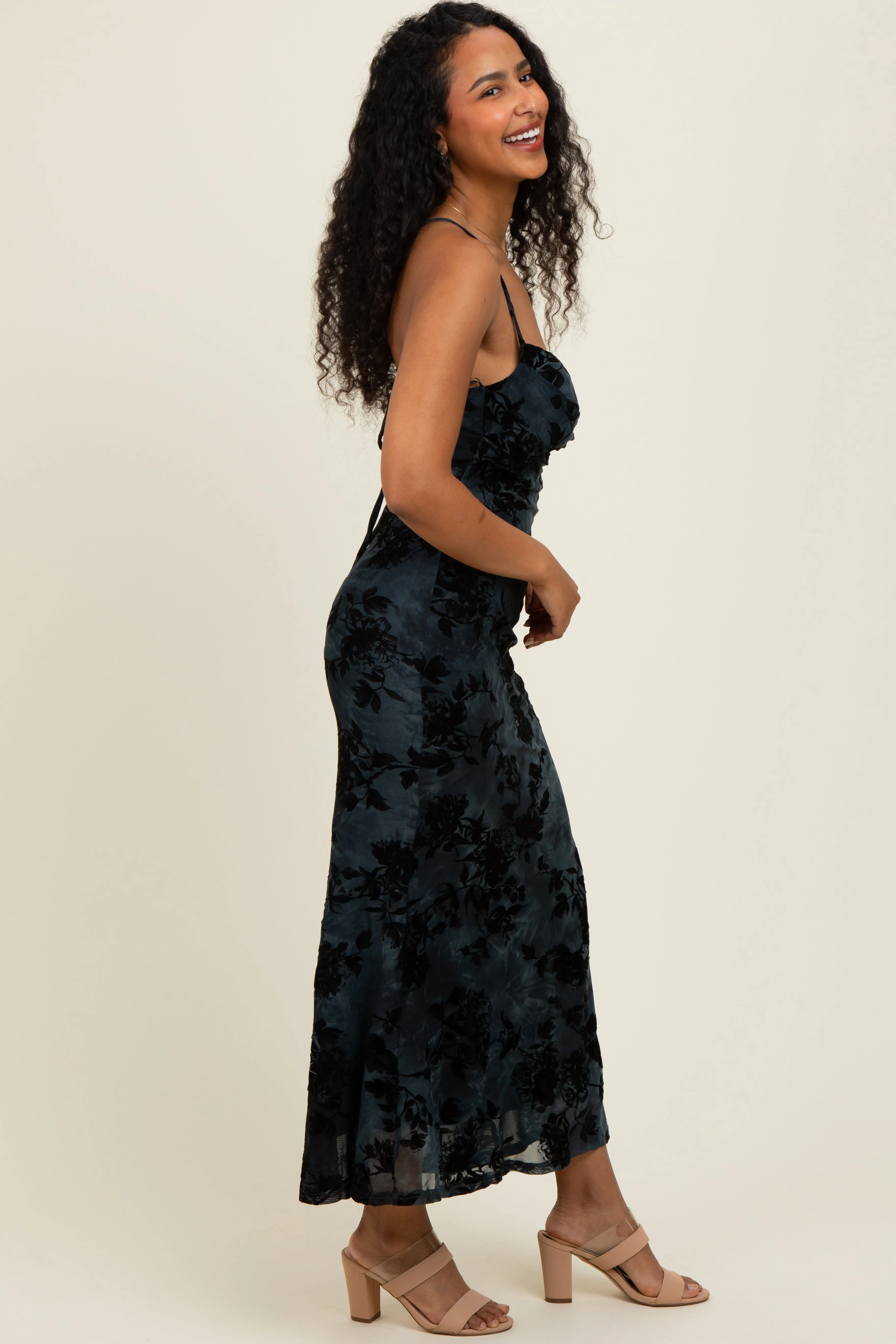Charcoal Mesh Floral Overlay Midi Dress sold by Pinkblush product image thumbnail 3
