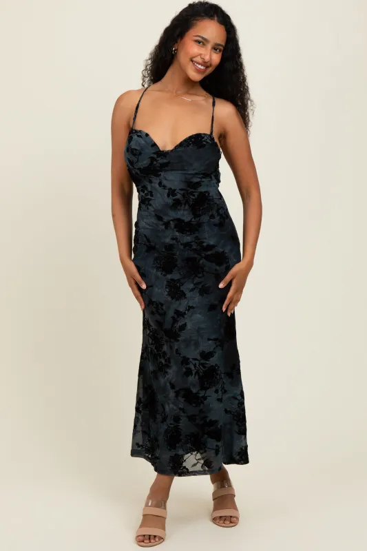 Charcoal Mesh Floral Overlay Midi Dress sold by Pinkblush