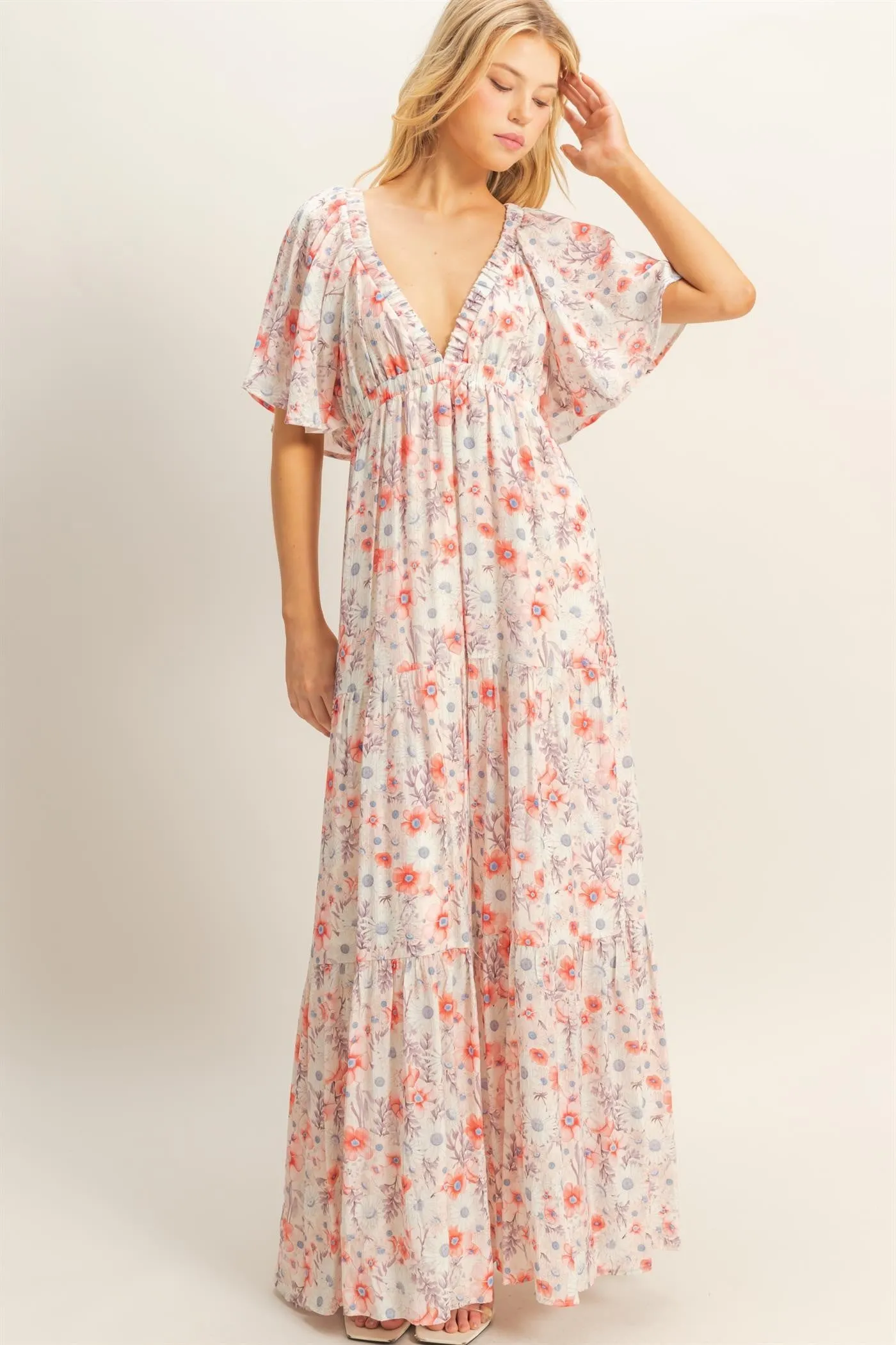 Coral Floral V-Neck Flowy Tiered Maxi Dress sold by Pinkblush product image thumbnail 4