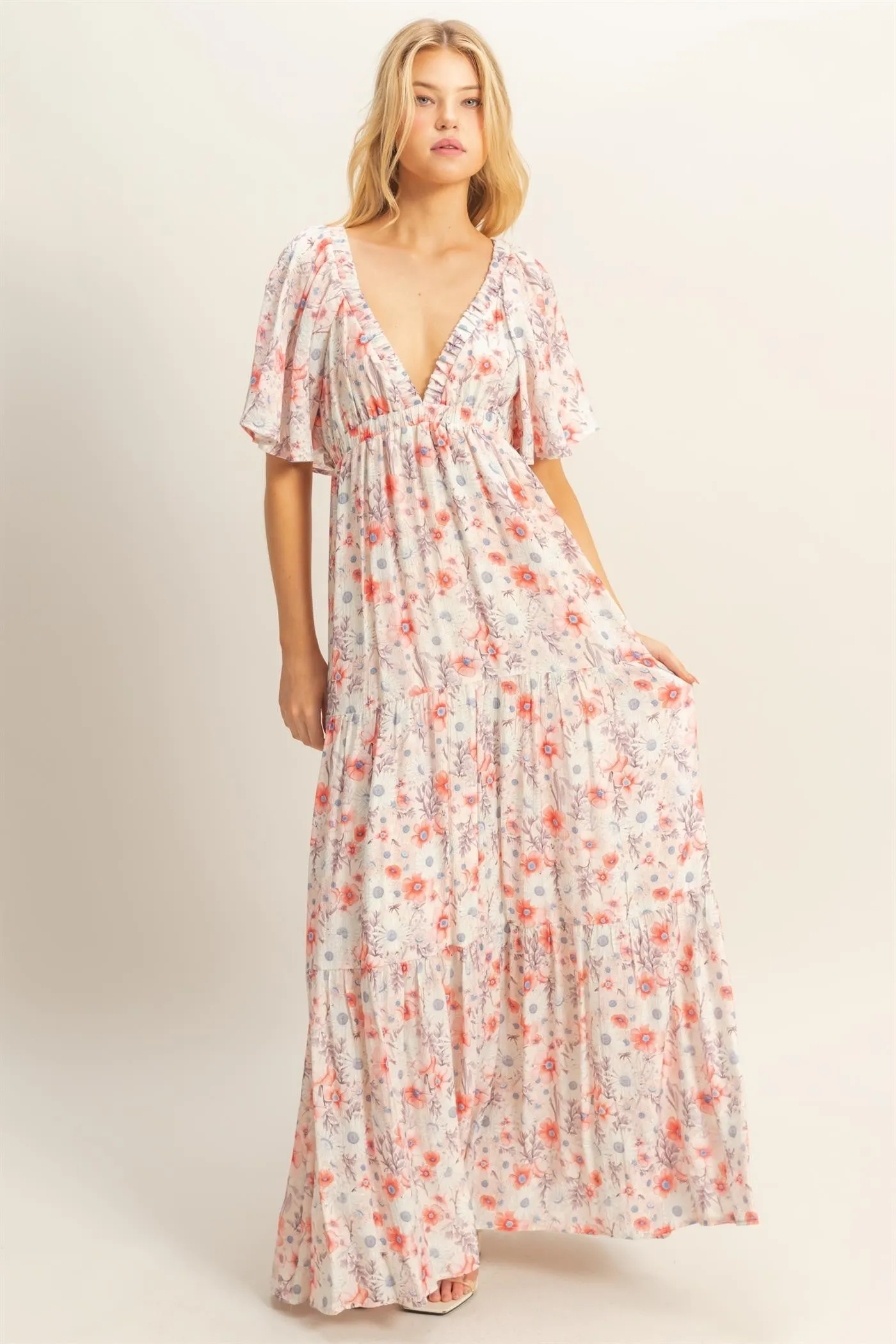 Coral Floral V-Neck Flowy Tiered Maxi Dress sold by Pinkblush
