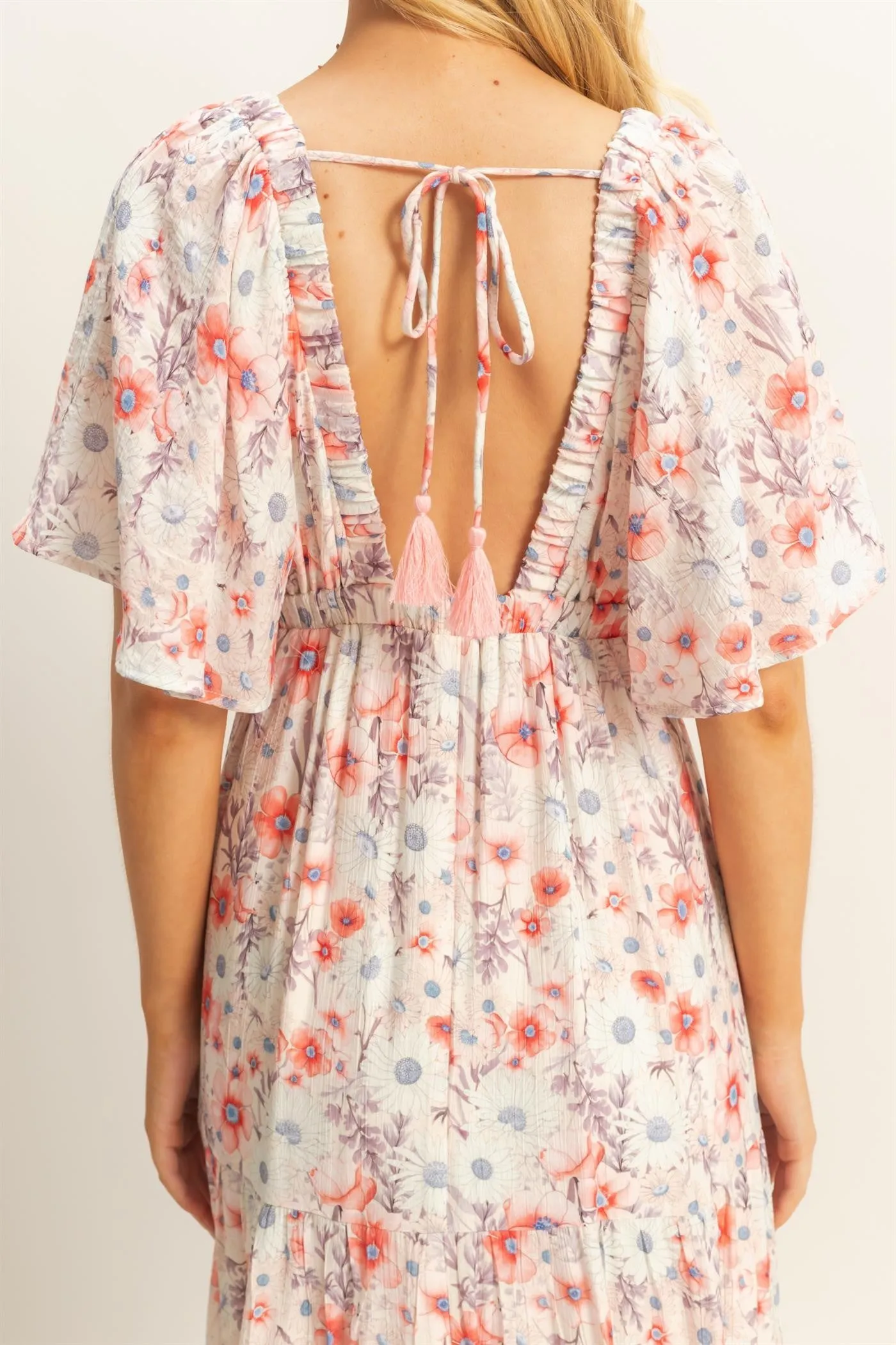 Coral Floral V-Neck Flowy Tiered Maxi Dress sold by Pinkblush product image thumbnail 5