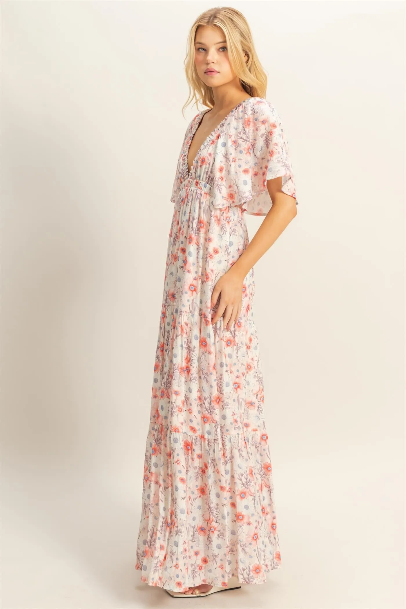 Coral Floral V-Neck Flowy Tiered Maxi Dress sold by Pinkblush product image thumbnail 2