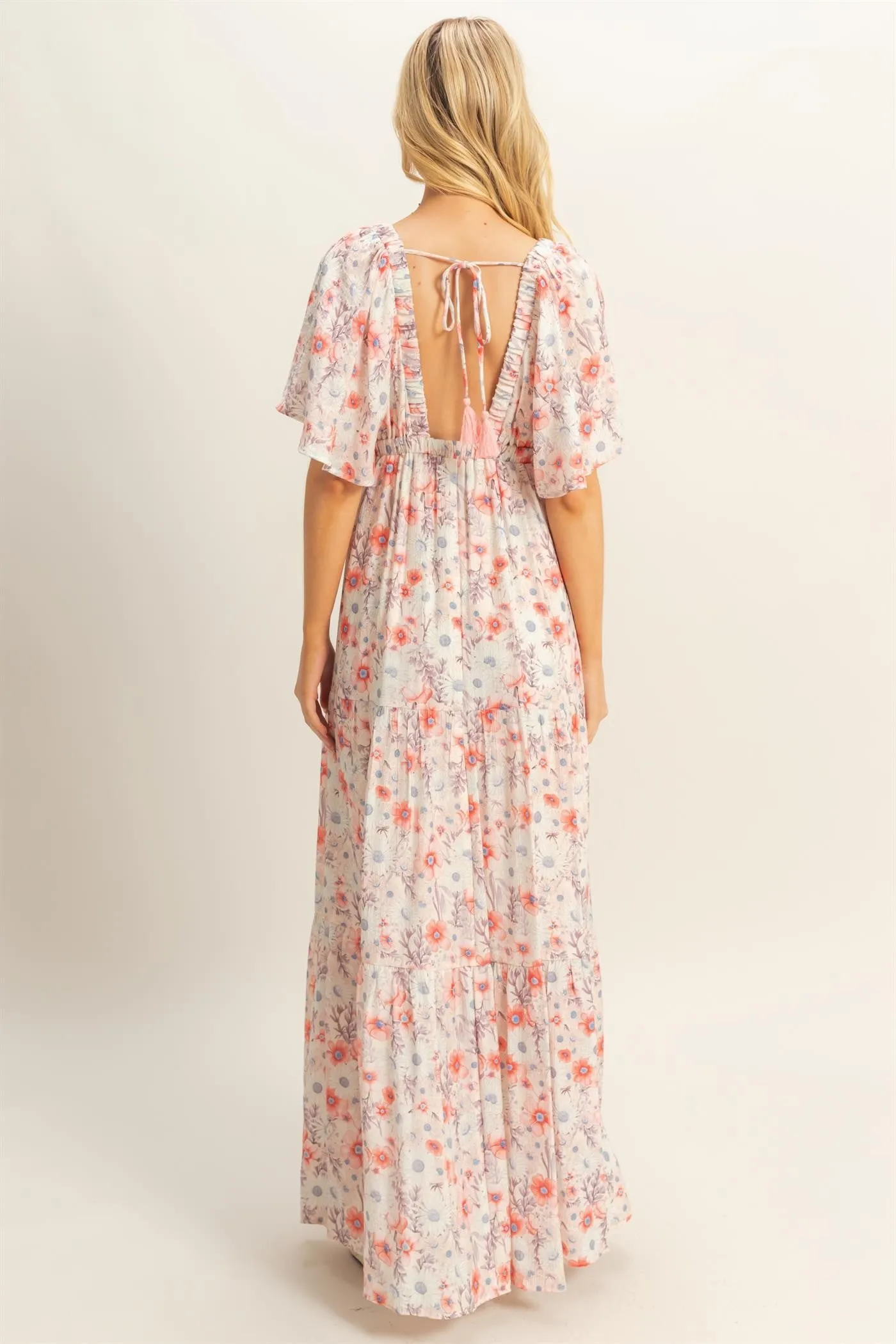 Coral Floral V-Neck Flowy Tiered Maxi Dress sold by Pinkblush product image thumbnail 3