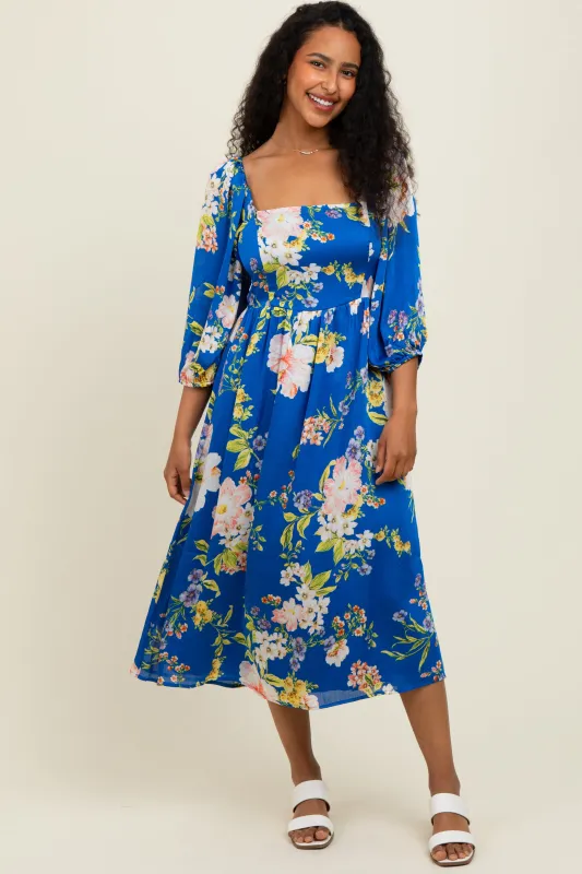 Royal Blue Floral Square Neck 3/4 Sleeve Midi Dress sold by Pinkblush