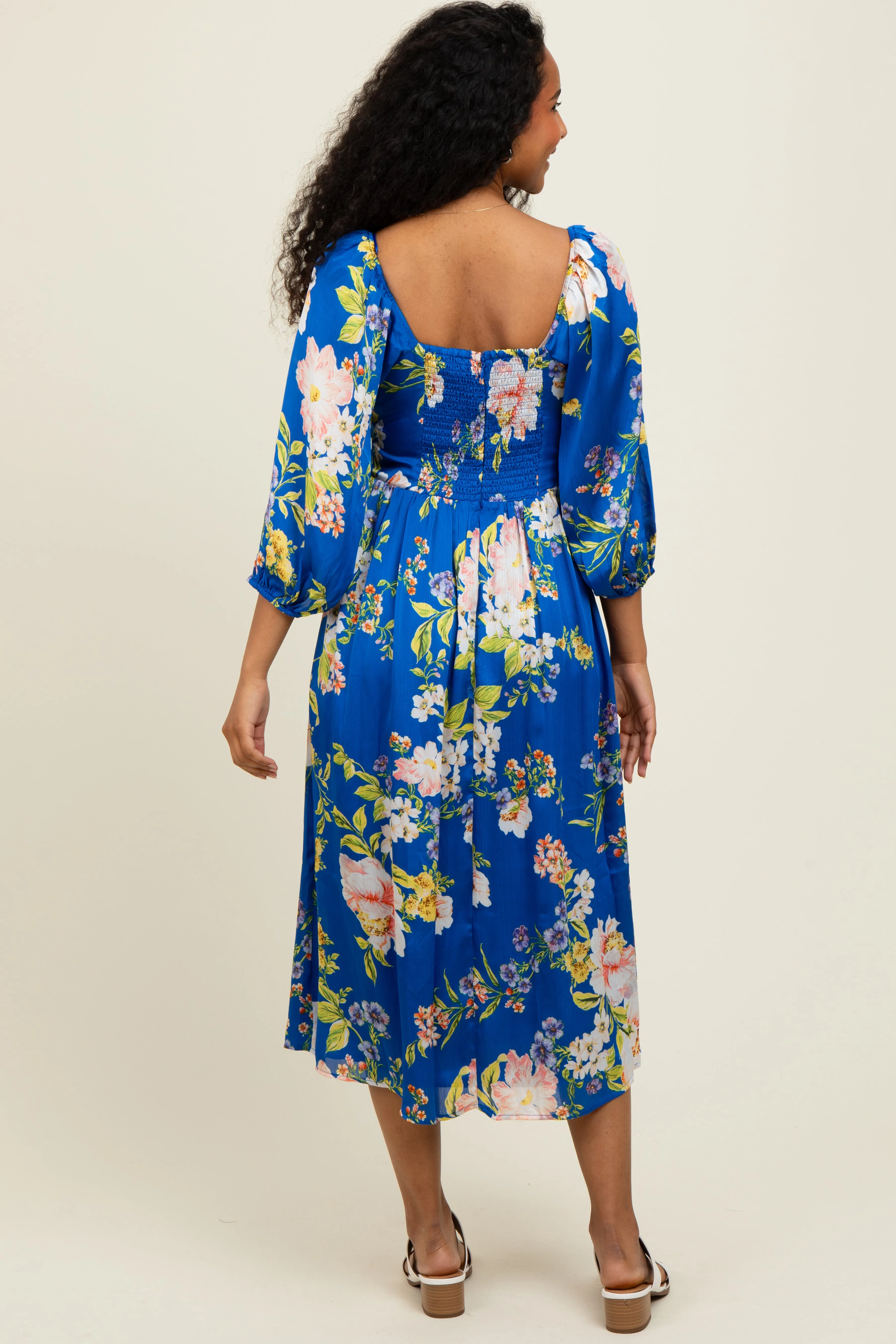 Royal Blue Floral Square Neck 3/4 Sleeve Midi Dress sold by Pinkblush product image thumbnail 2