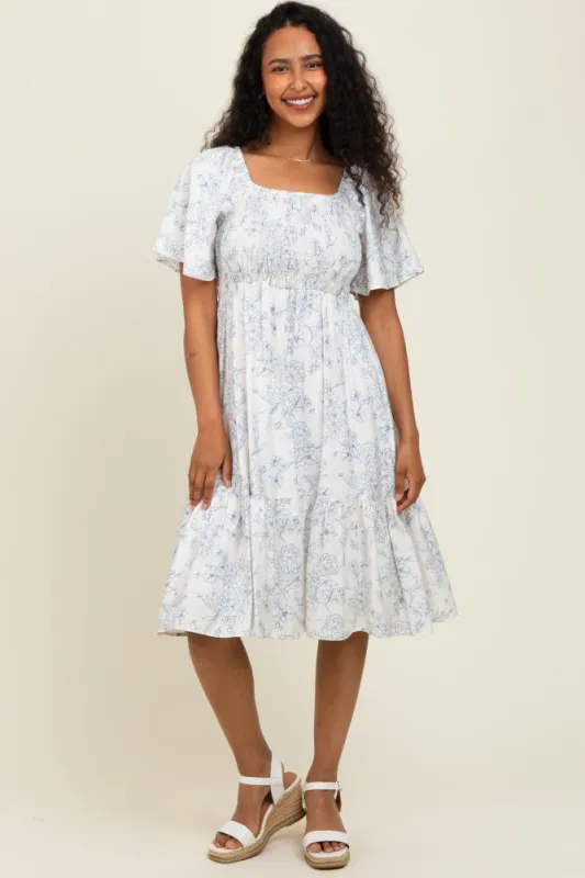 Cream Floral Smocked Flutter Sleeve Midi Dress sold by Pinkblush
